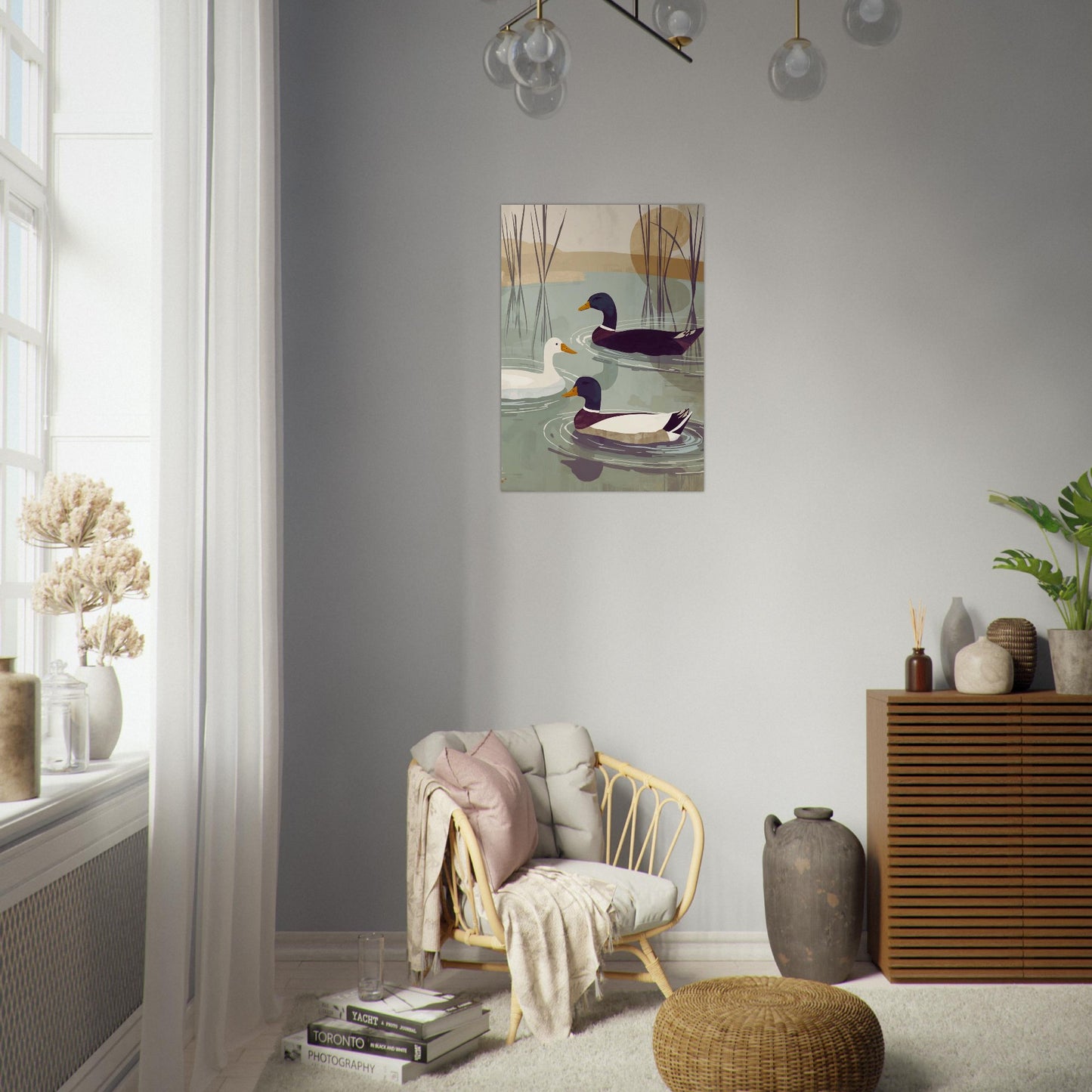 duck poster in bedroom neutral decor