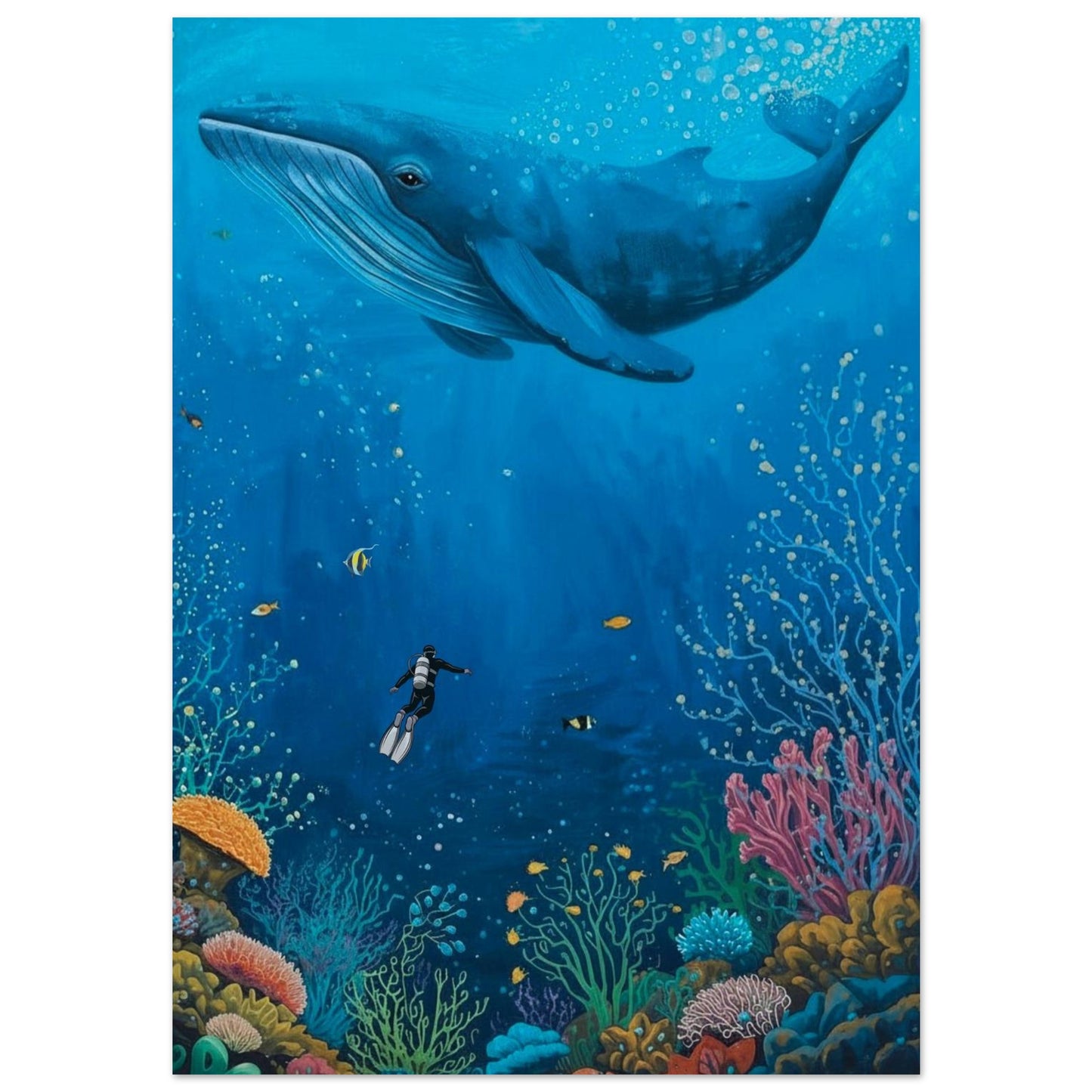 Whale swimming above a diver and colorful coral reef underwater scene