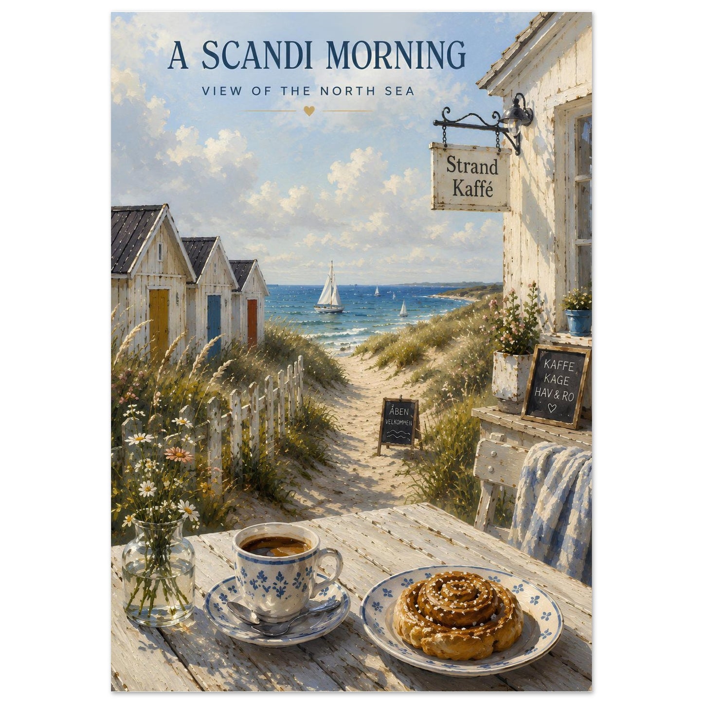 Nordic coastal wall art featuring sandy dunes, sailing boats and a seaside café in painterly style