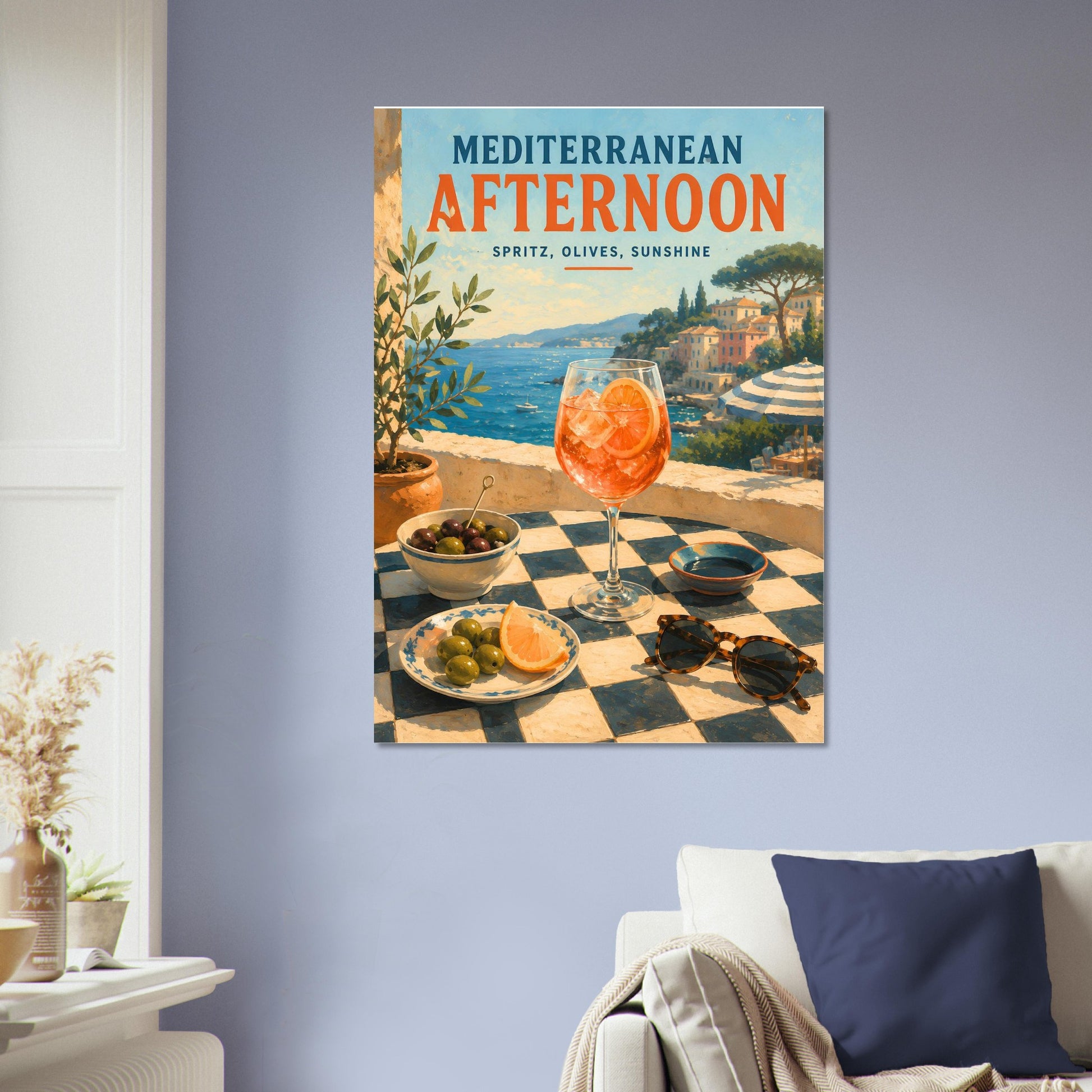 Mediterranean wall art featuring a spritz cocktail and coastal sea view in painterly style displayed on a blue wall in a cosy lounge