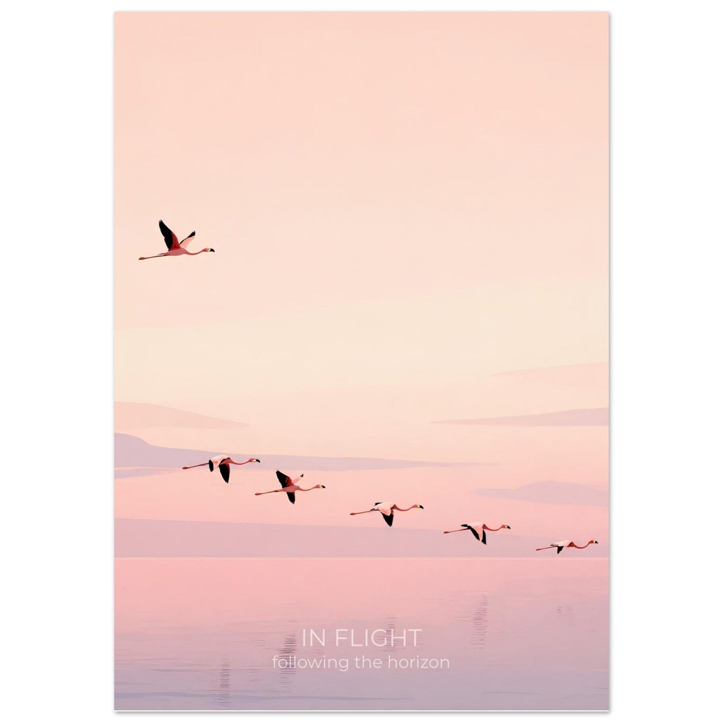 Close-up of In Flight flamingo wall art showing graceful birds soaring across a soft pink and peach horizon.