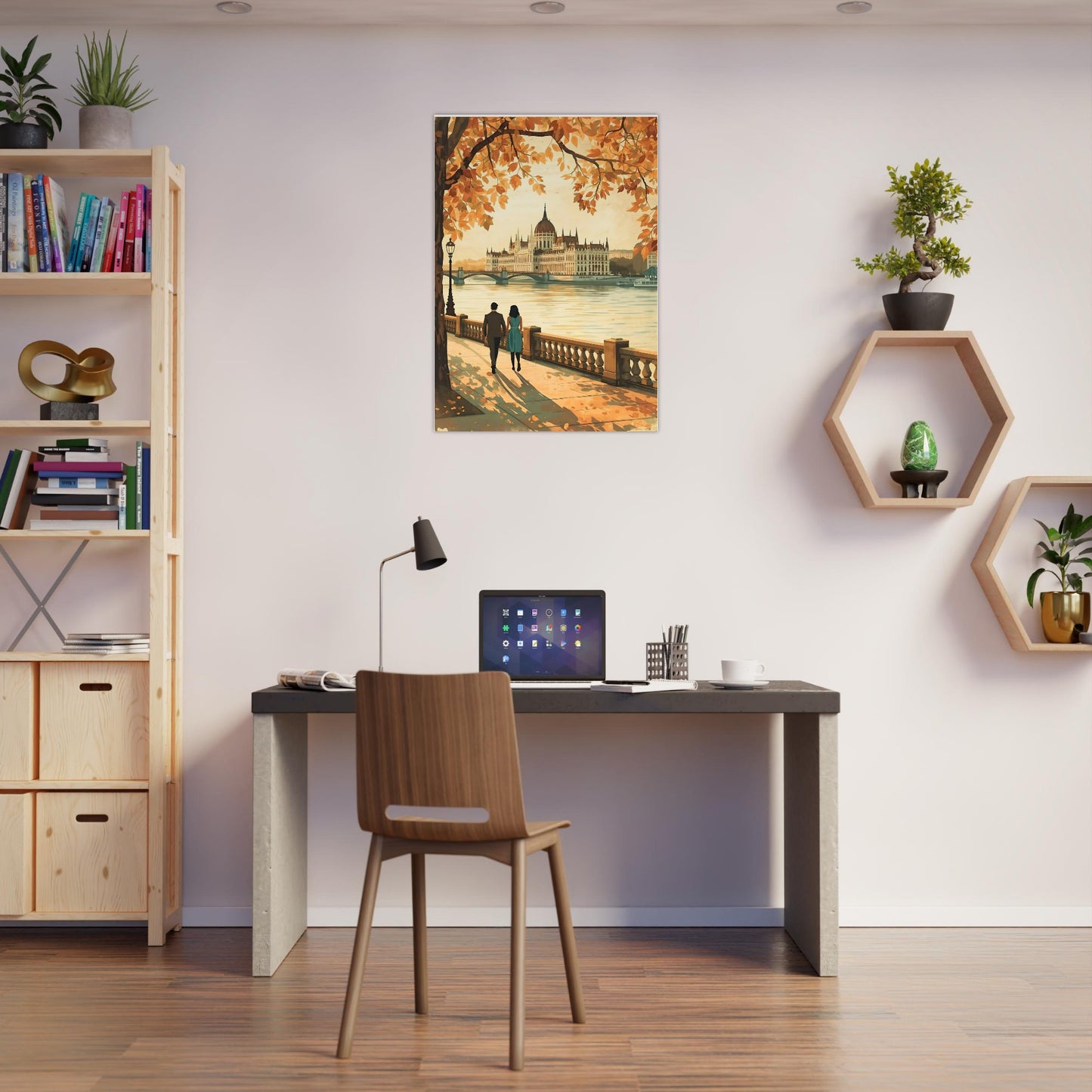 Budapest Danube river wall art displayed above modern home office desk