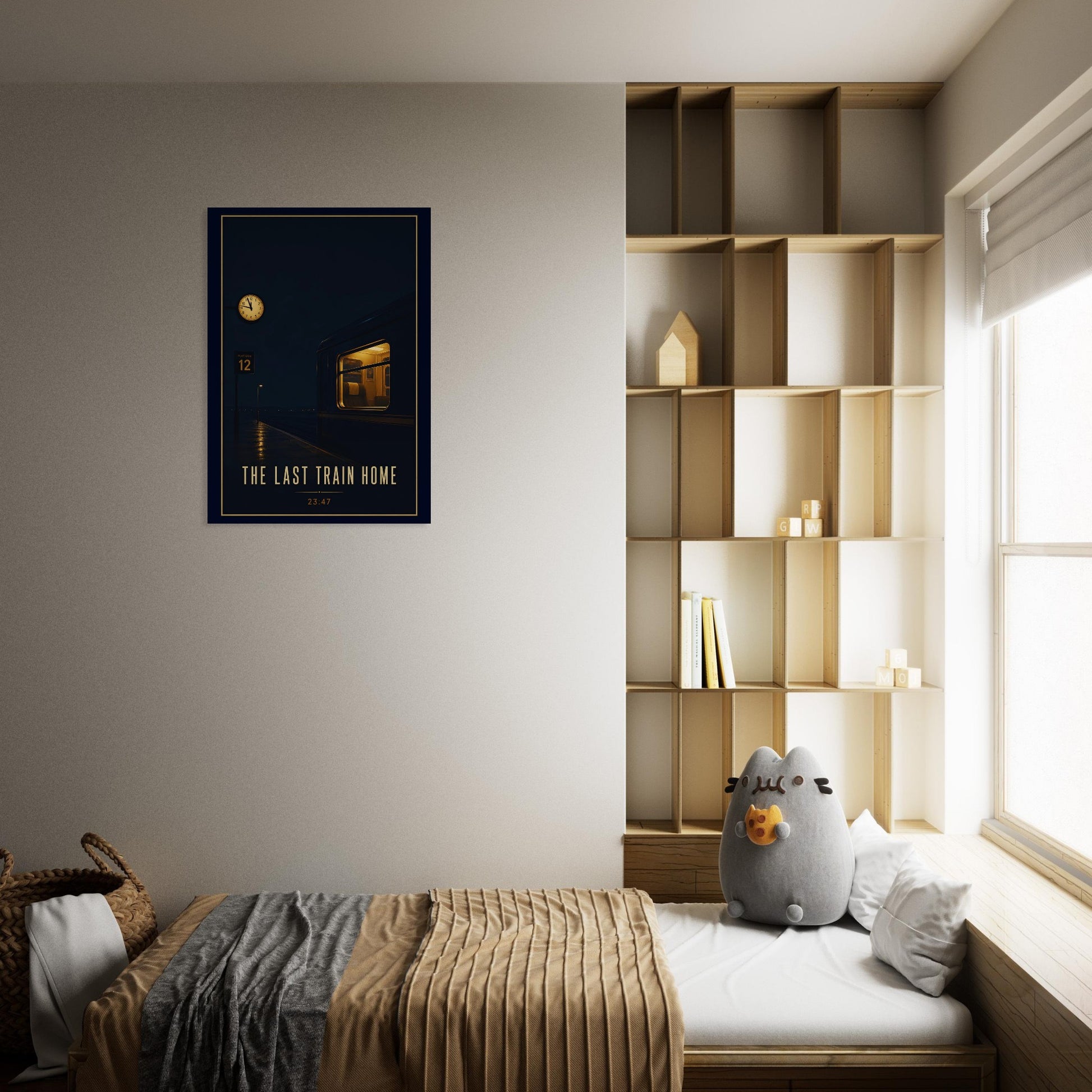 Room interior with a bed, bookshelf, and wall art of the Last train home poster