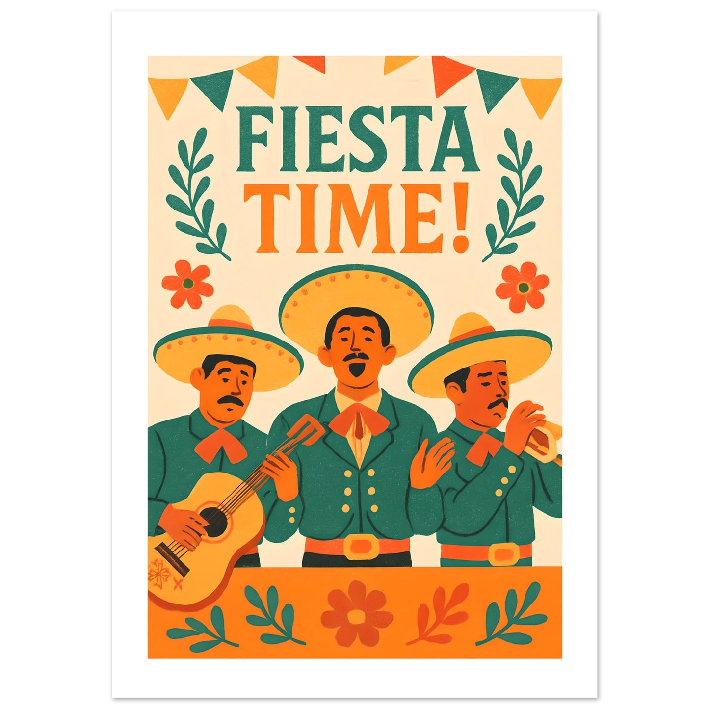 Fiesta Time Poster – Retro Mexican Wall Art – Vintage Mariachi Band Print – Colorful Festival & Cinco de Mayo Home Decor