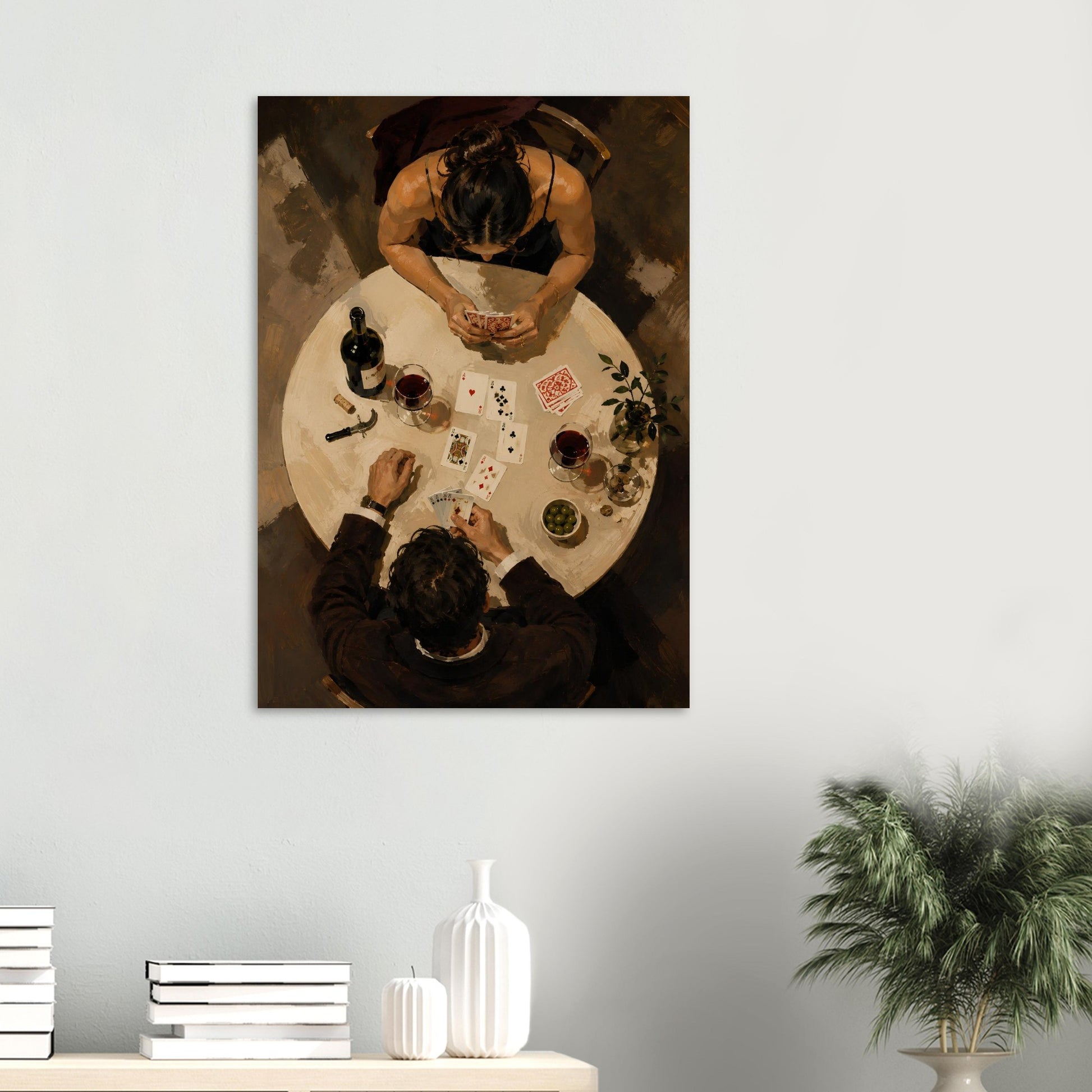 Couple playing cards wall art displayed above a white console in a light contemporary home.