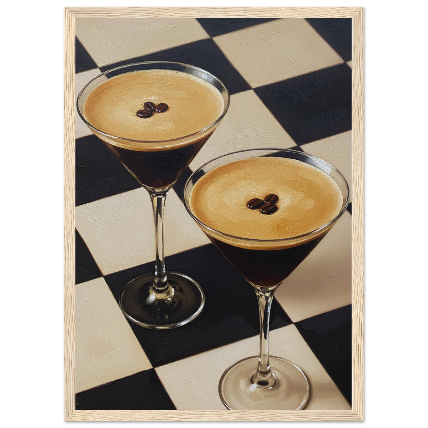 Framed Espresso Martini print featuring two classic cocktails with rich coffee tones and a geometric checkerboard pattern.