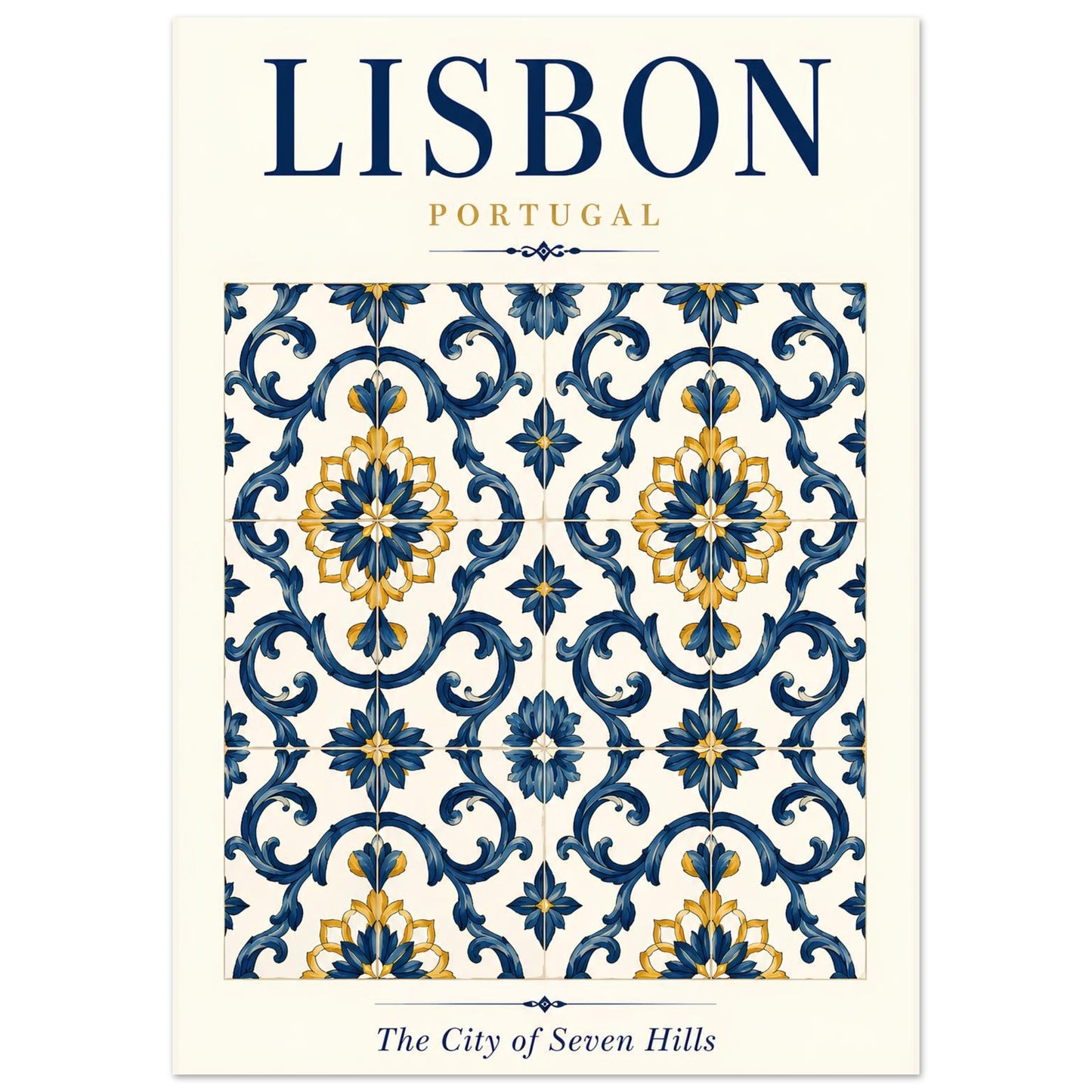 Lisbon wall art print featuring an intricate blue, white and yellow Portuguese azulejo tile design.