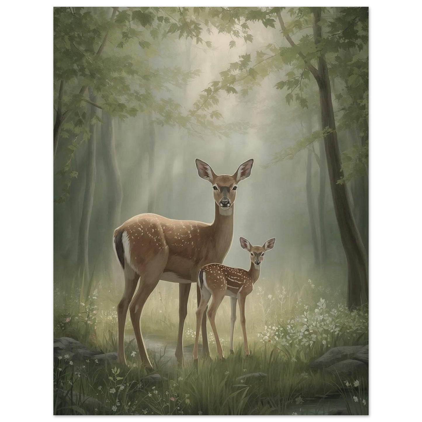 mother and fawn deer wall art poster in soft spring forest scene