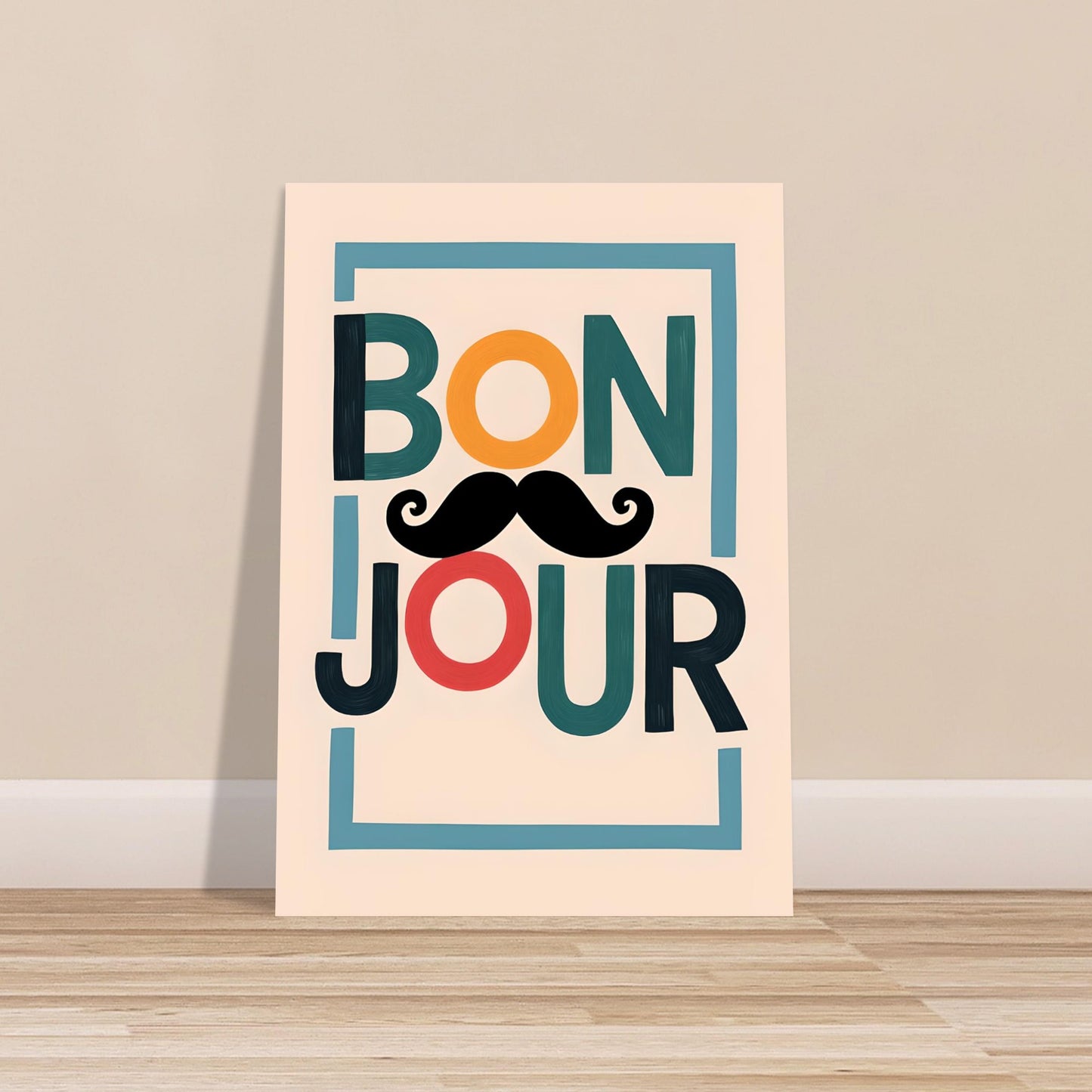 Bonjour Poster - Quirky French Greeting Wall Art with Mustache - Fun Living Room & Café Decor