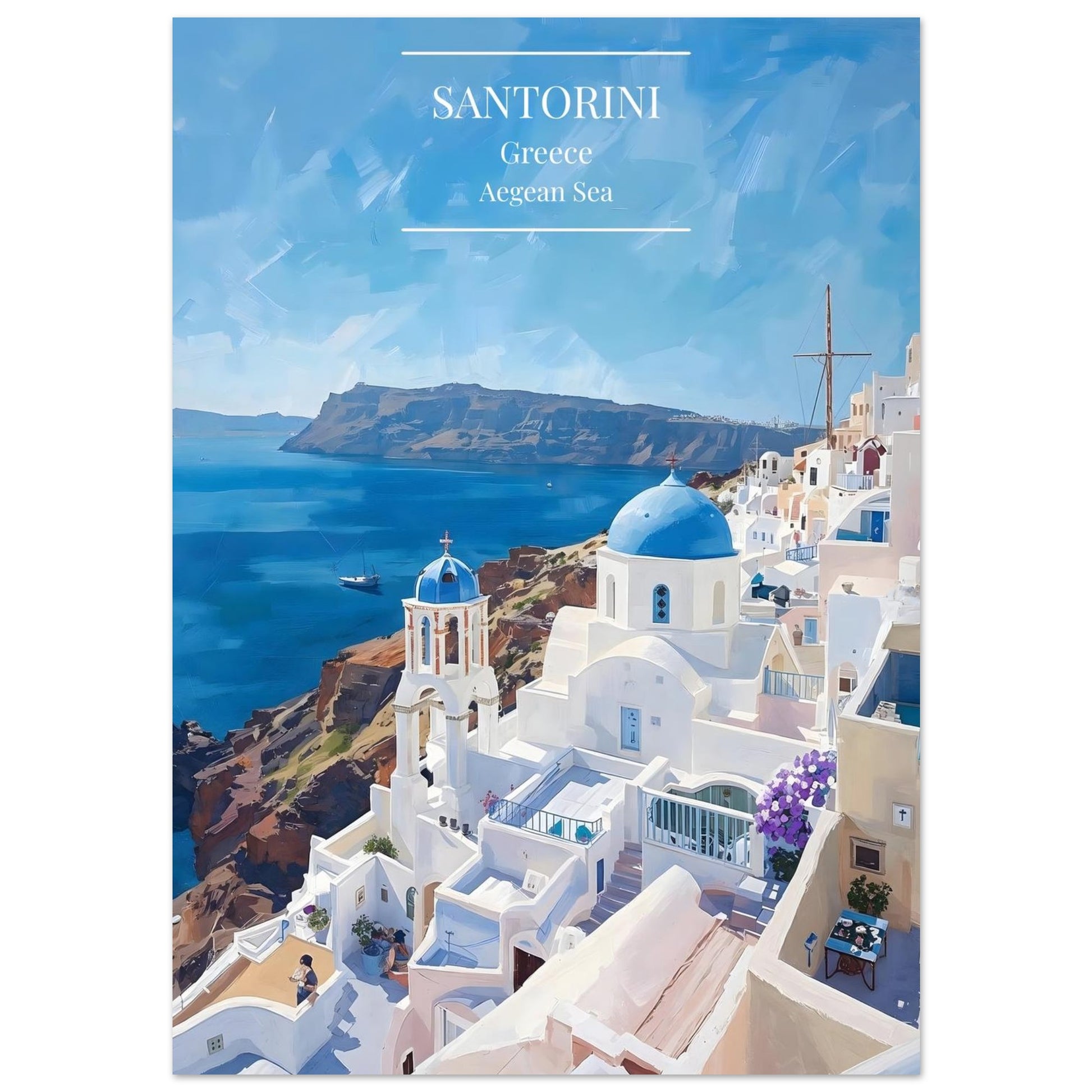 Santorini, Greece with blue-domed churches and Aegean Sea view.