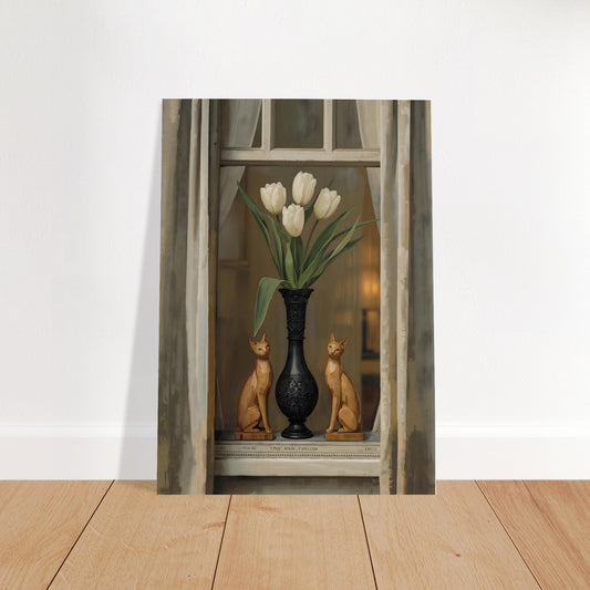 Scandinavian tulip window poster with wooden cat ornaments beside black vase displayed in modern room
