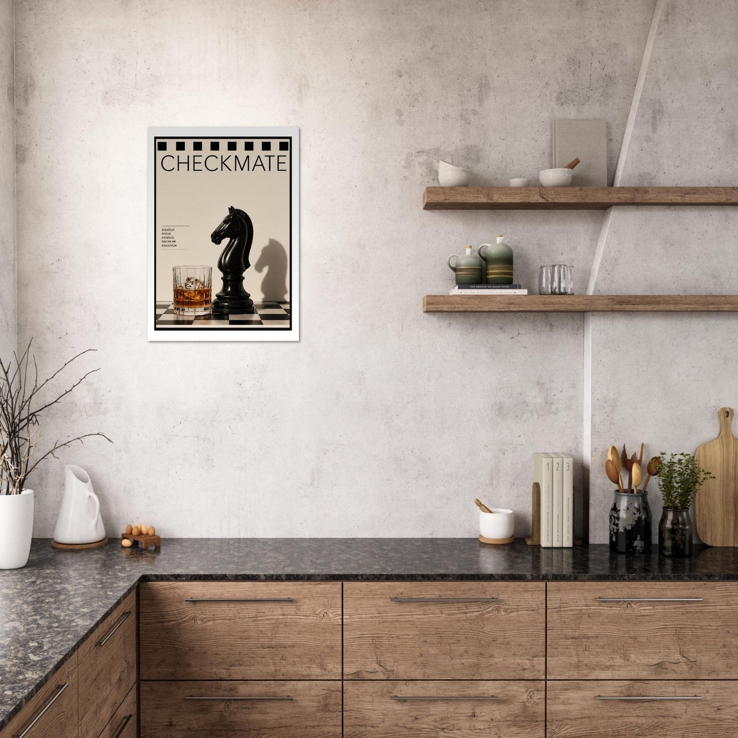 Modern kitchen with wooden cabinets, gray countertops, and decorative elements with a Checkmate chess poster displayed on the wall