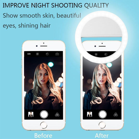 Portable selfie ring light showing before and after effect on phone camera lighting