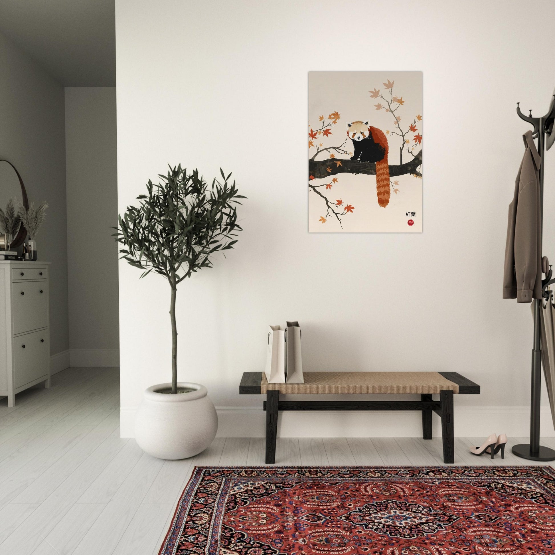 Japandi red panda poster on a wall in a room with a plant, bench, and coat rack.