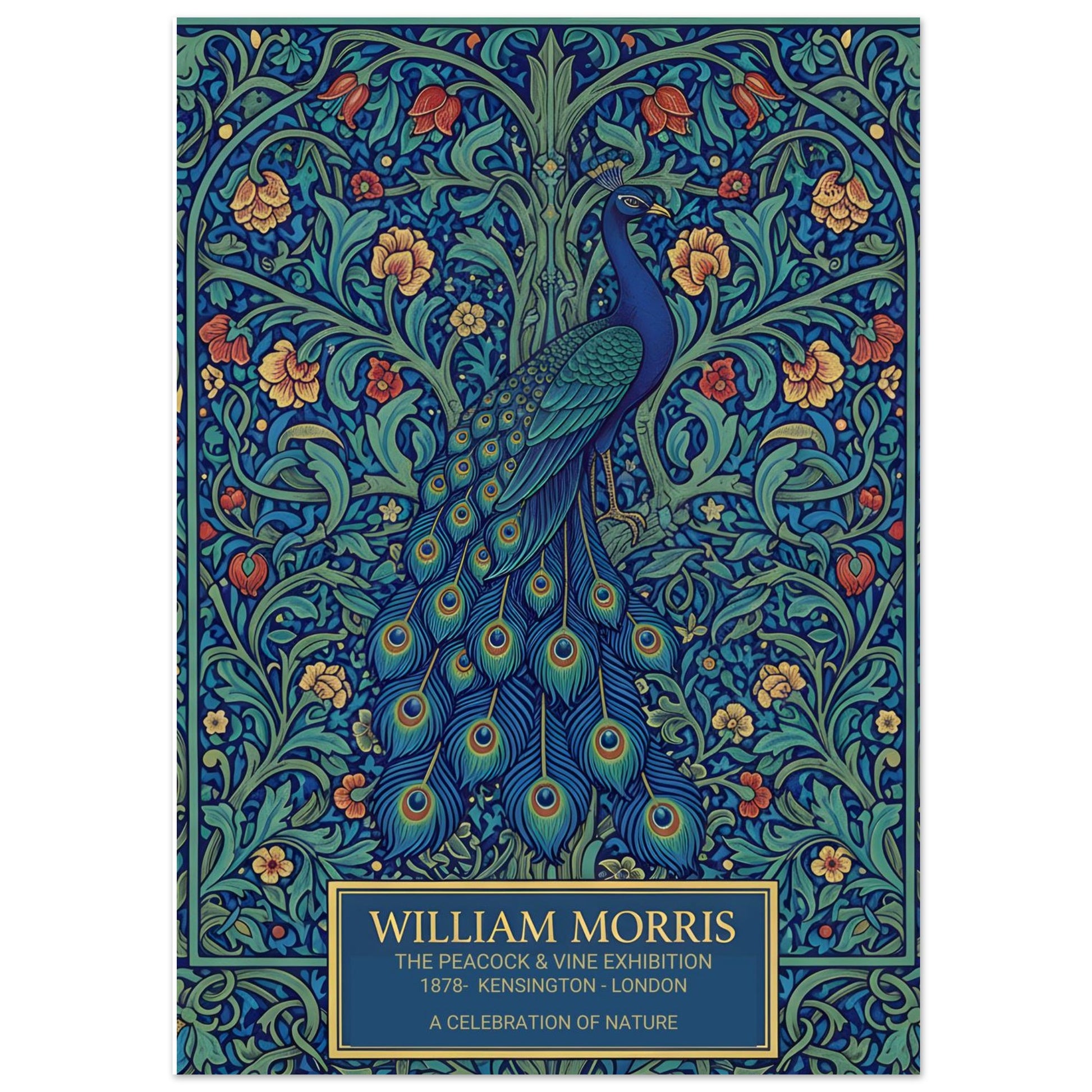 Vintage William Morris exhibition poster of a blue peacock with a long, detailed tail, surrounded by intricate green vines and orange flowers on a dark teal background. Cream-colored text at the bottom reads William Morris The Peacock and Vine Exhibition.