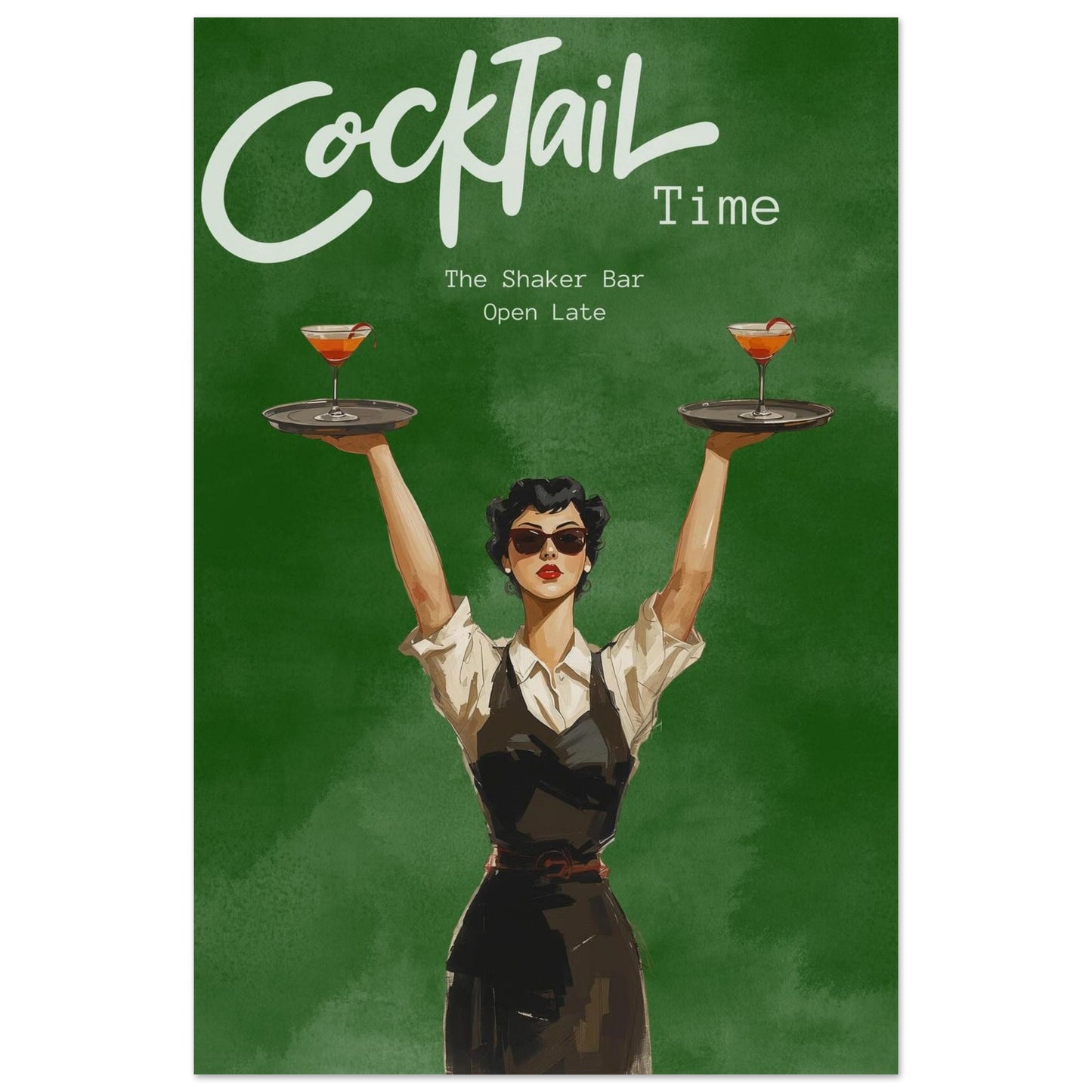 Poster of a woman holding two cocktail trays with 'Cocktail Time' text on a green background
