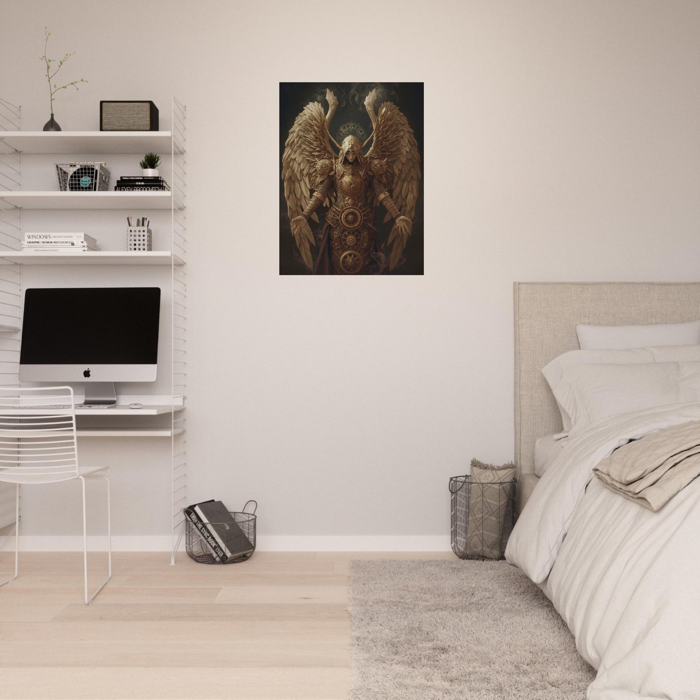 Modern bedroom with a bed, desk, and wall art of an angel.