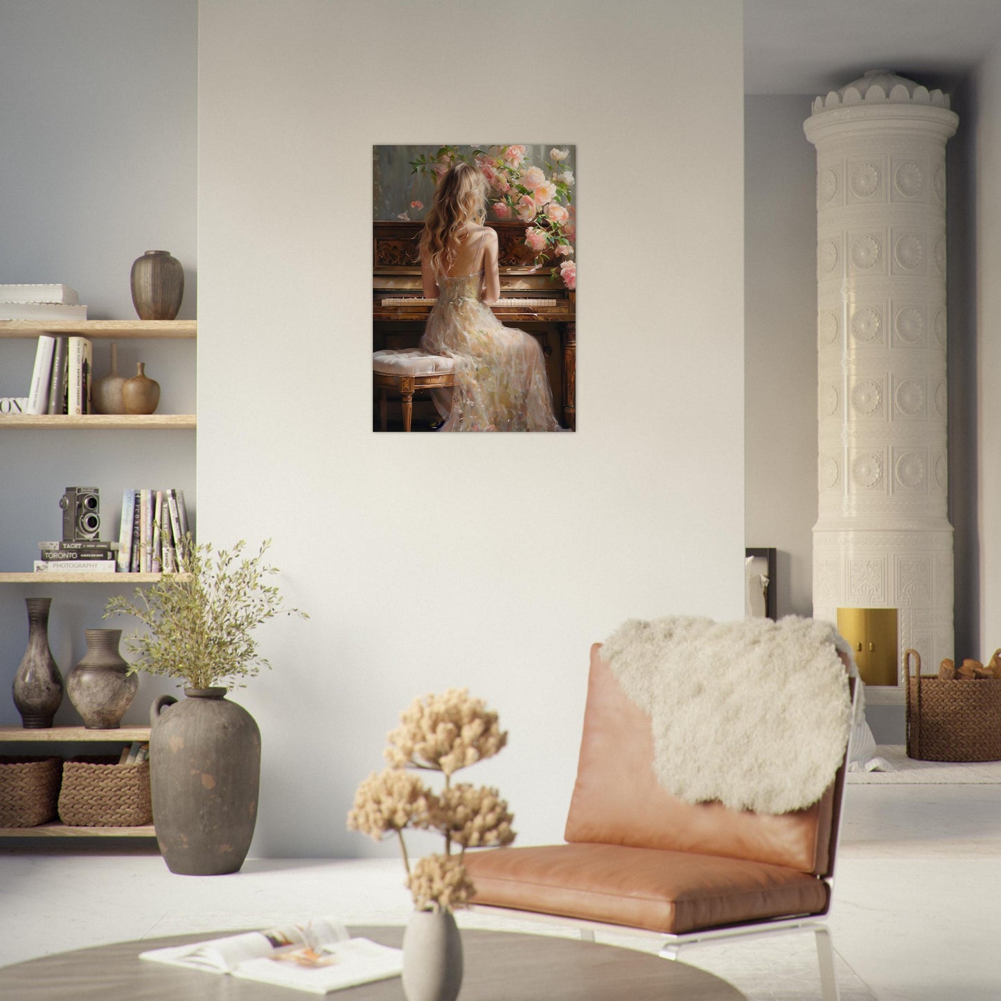 Romantic Piano Poster – Vintage Art Print of Woman with Flowers