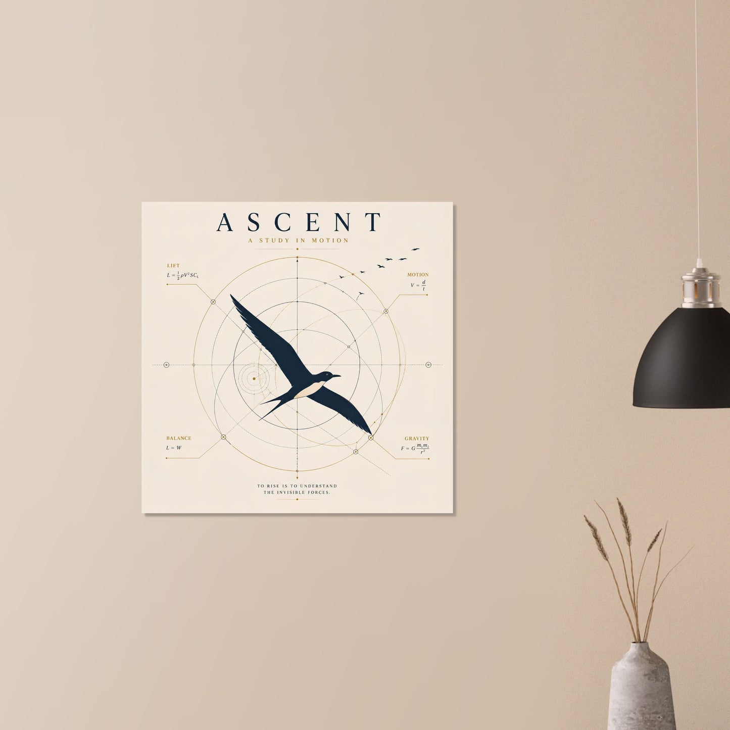 Ivory minimalist bird wall art featuring geometric flight illustrations displayed on a beige wall, in a minimal setting