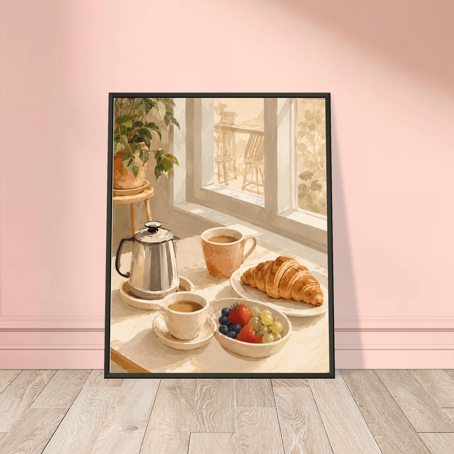 Framed artwork of a breakfast scene with coffee, croissant, and fruit on a table.