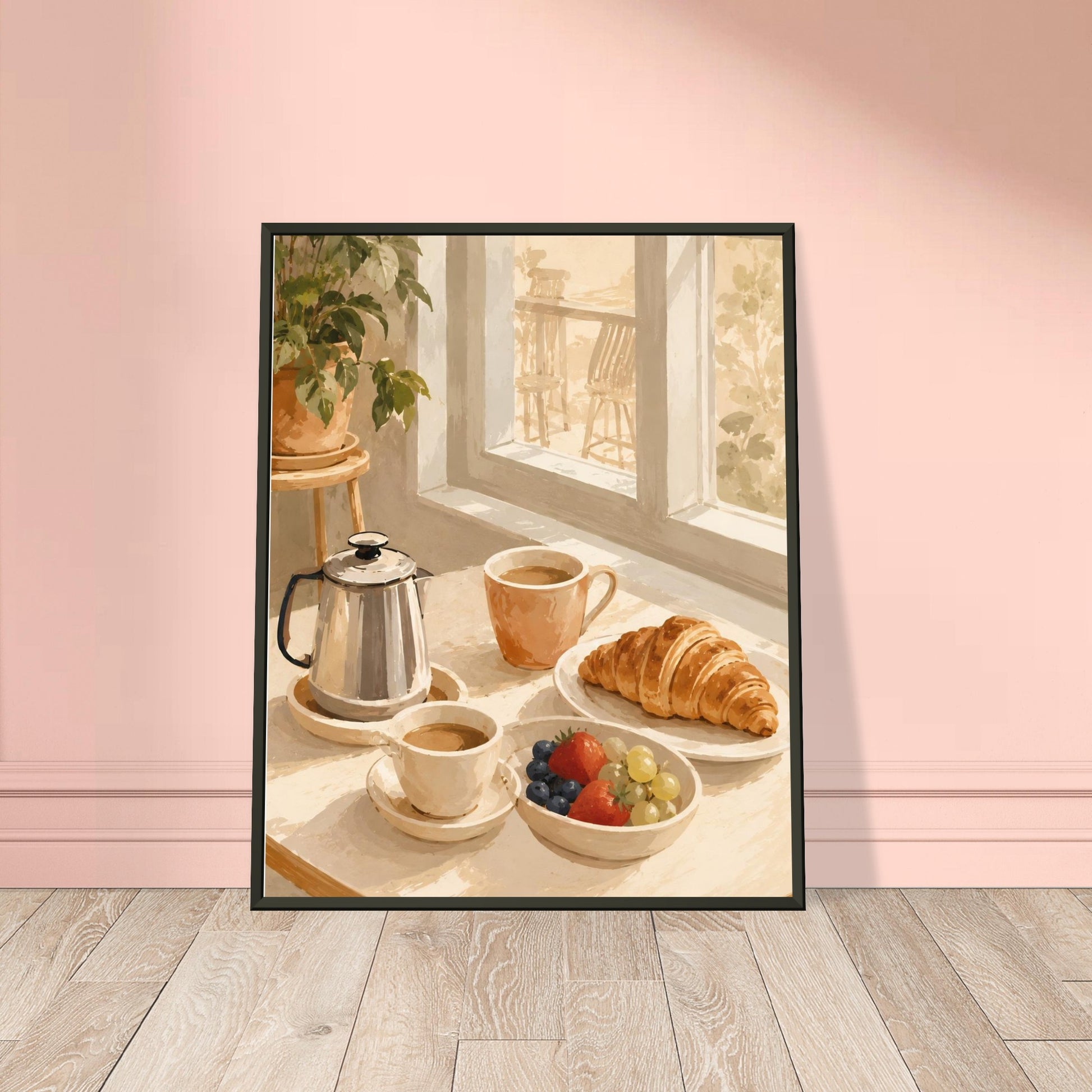 Framed artwork of a breakfast scene with coffee, croissant, and fruit on a table.