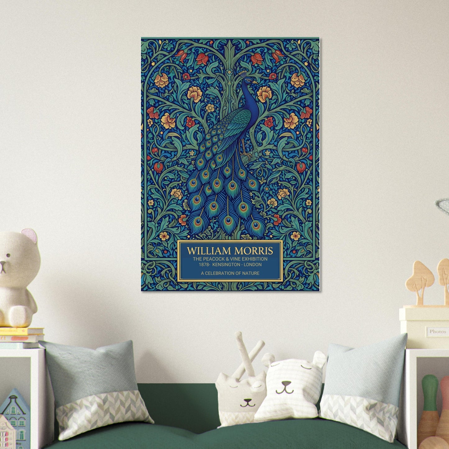 Vintage William Morris exhibition poster of a blue peacock with a long, detailed tail, surrounded by intricate green vines and orange flowers on a dark teal background. Cream-colored text at the bottom reads William Morris The Peacock and Vine Exhibition.