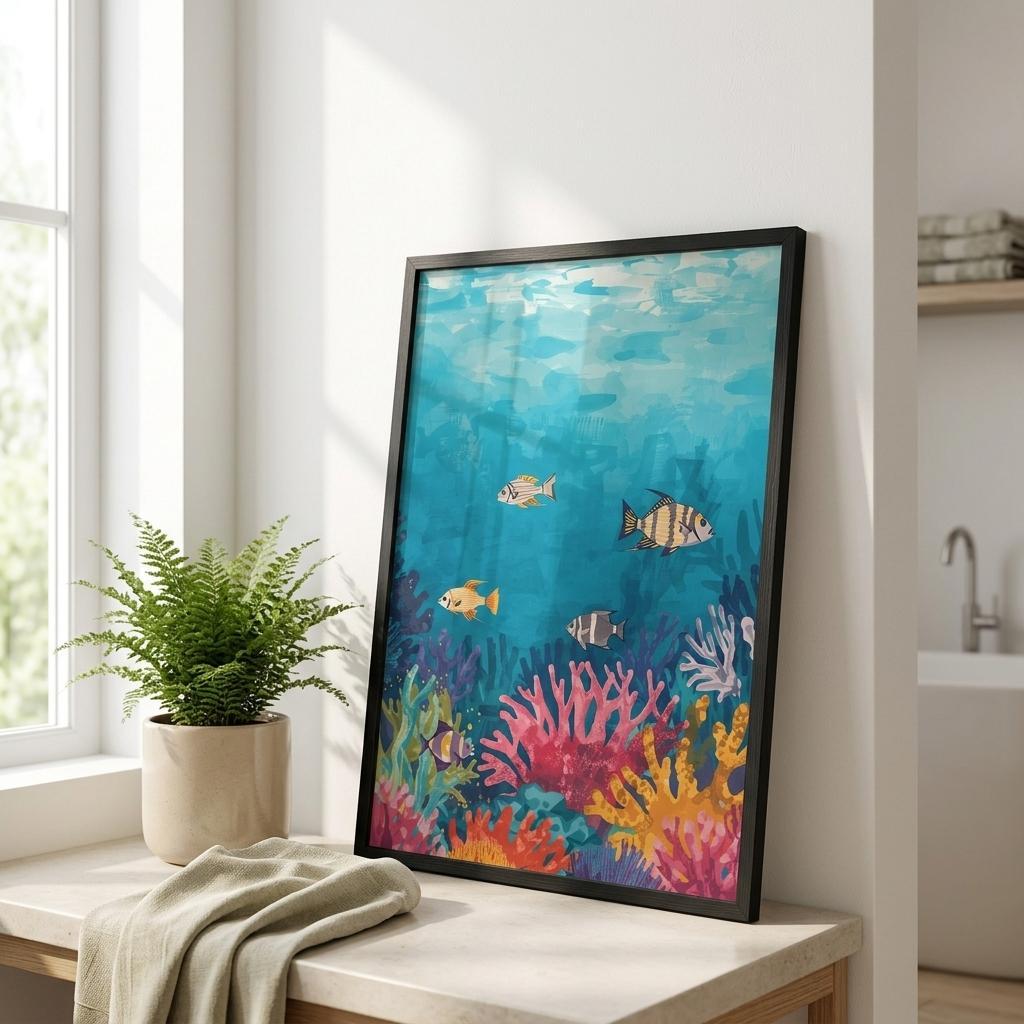 Framed artwork of a underwater scene with fish and coral on a table by a window.