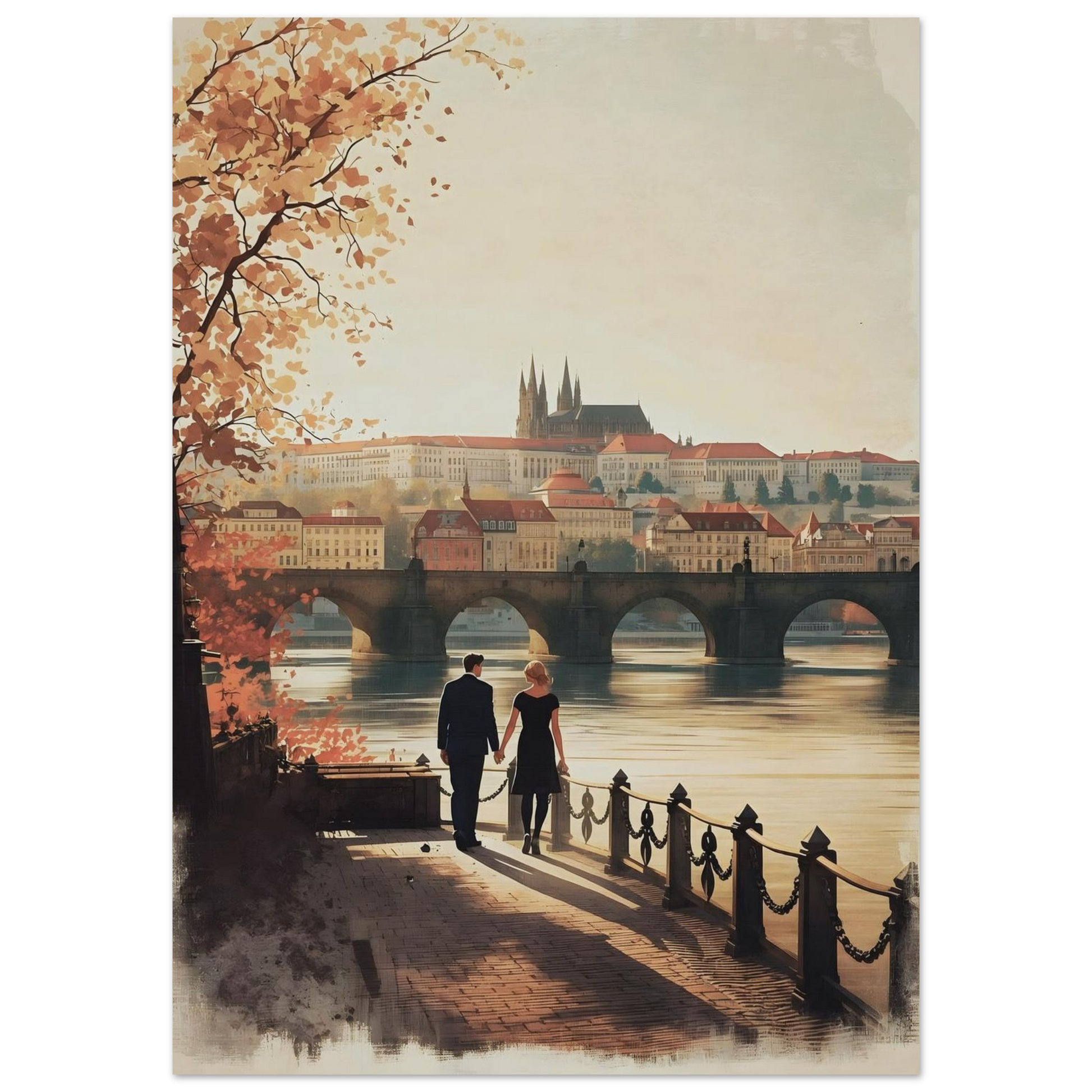 Romantic Prague poster with Charles Bridge and castle skyline at sunset