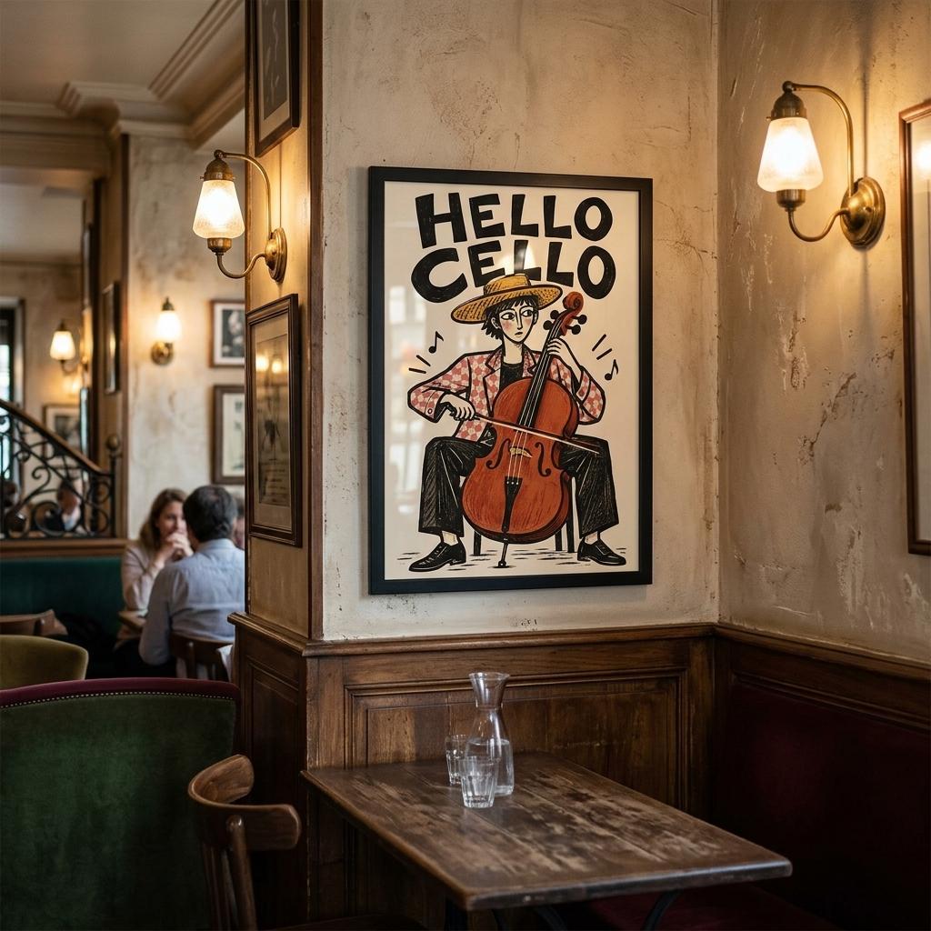 A framed art print featuring a whimsical illustration of a person playing a cello with the text 'HELLO CELLO' displayed above, hanging on a wall in a cozy, warmly lit restaurant or cafe interior.