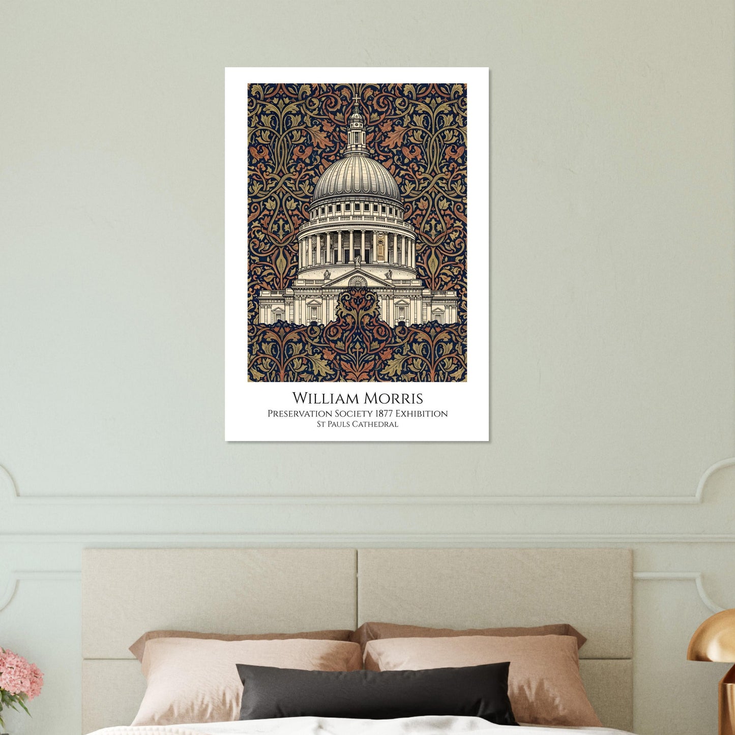 Decorative poster of a building with intricate patterns above a bed.