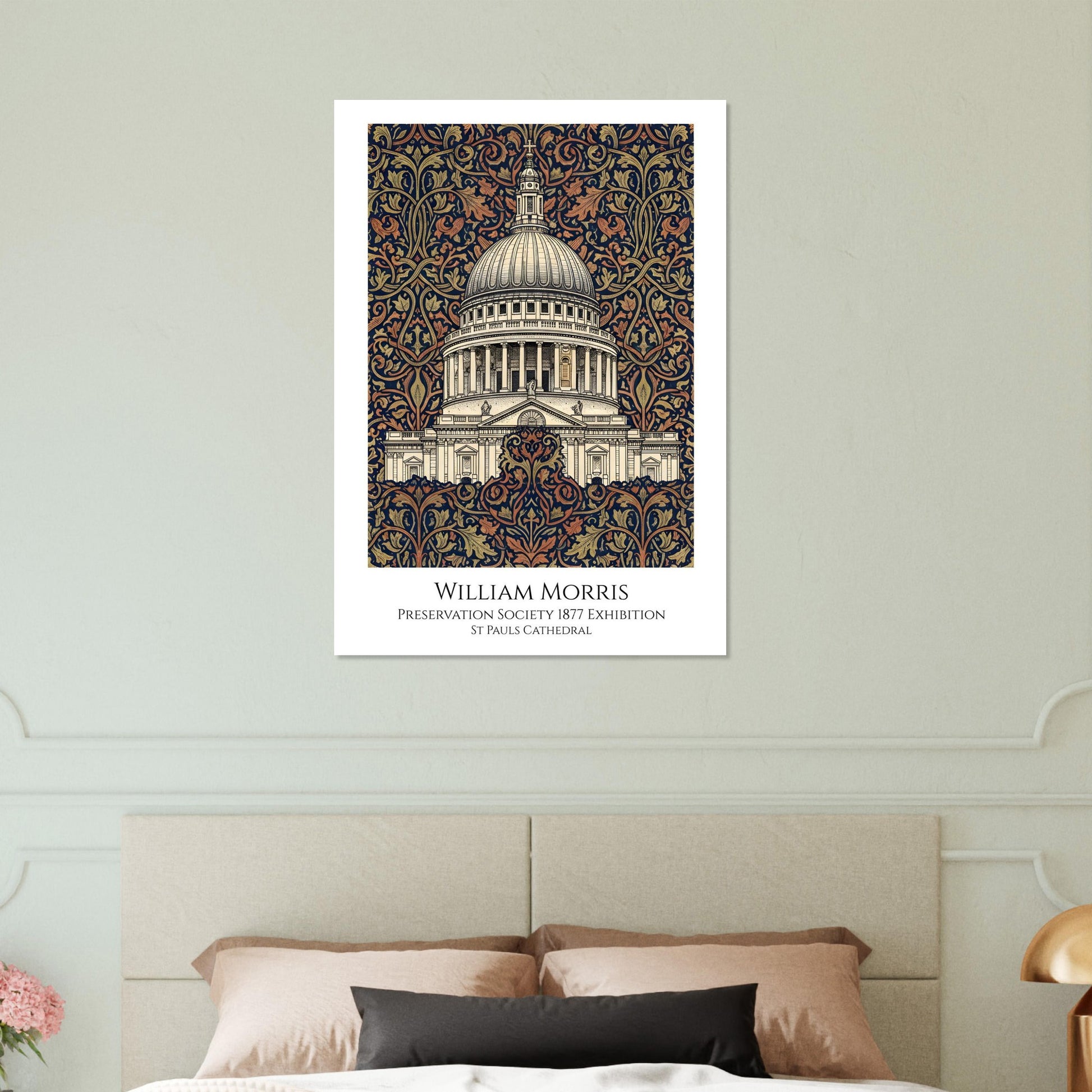 Decorative poster of a building with intricate patterns above a bed.