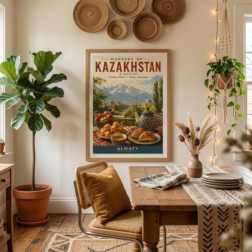 Vintage Kazakhstan travel poster displayed in a bright bohemian living room featuring natural wood furniture, woven décor, and indoor plants.