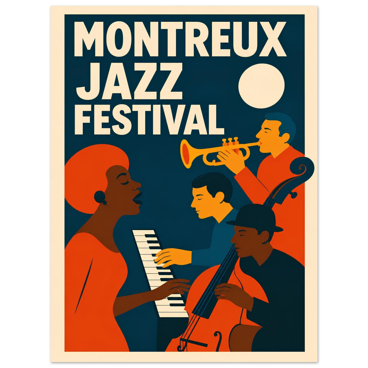 Montreux Jazz Festival poster with musicians and a trumpet on a blue background
