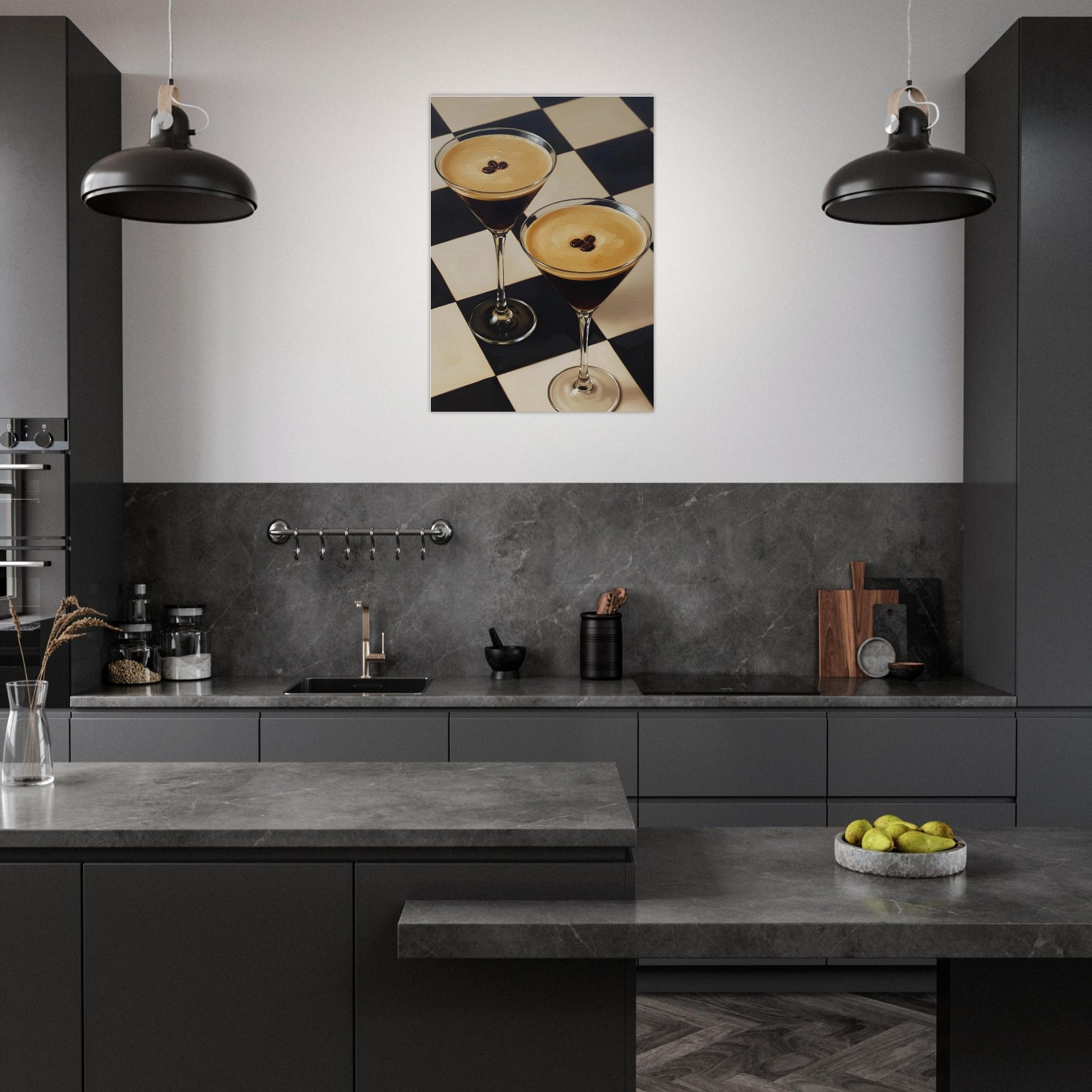 Modern kitchen with dark cabinets, gray countertops, and a decorative wall art of two glasses on a checkered background.
