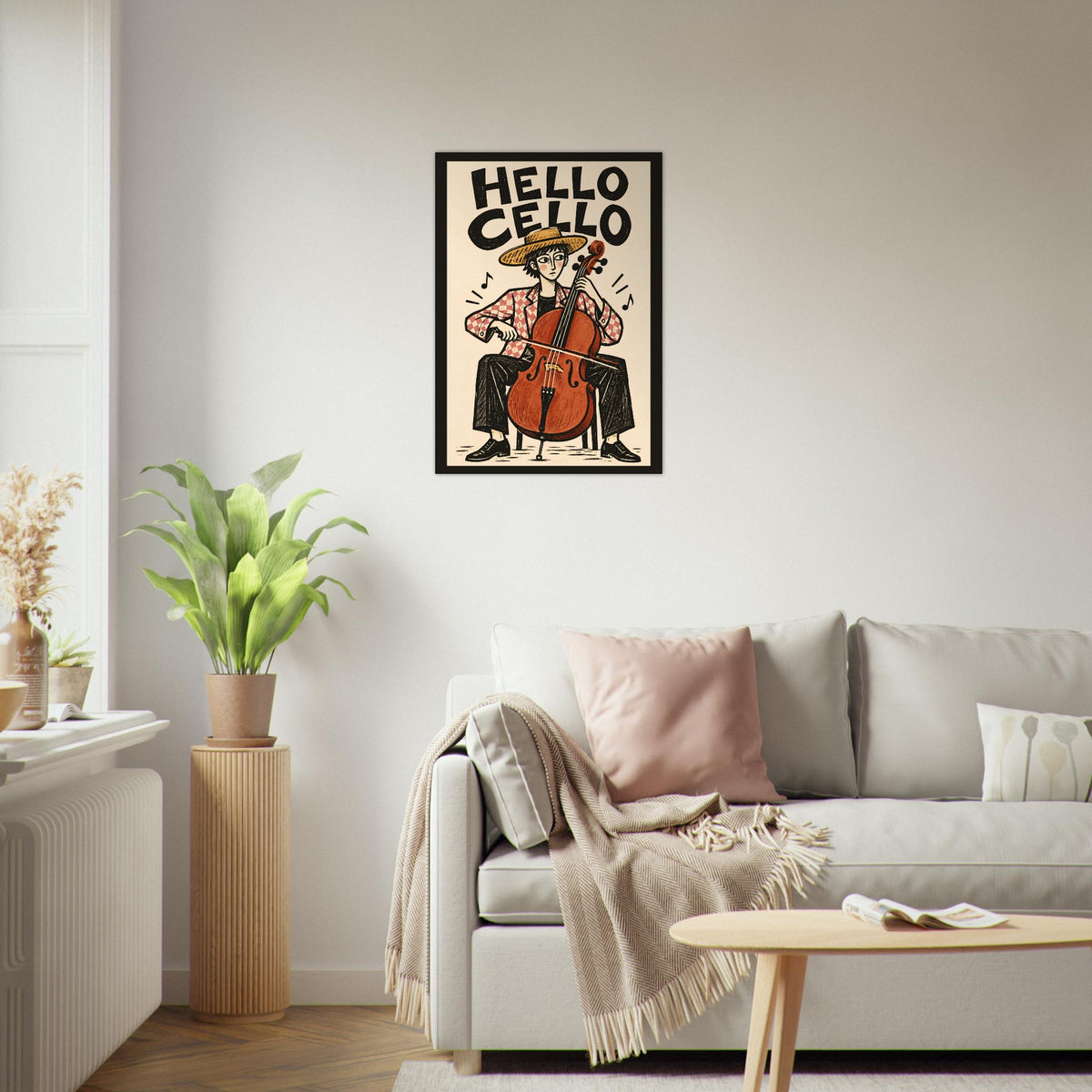 A framed retro-style poster reading 'HELLO CELLO' hangs on a light gray wall above a sofa in a styled living room with plants, pillows, and a coffee table.