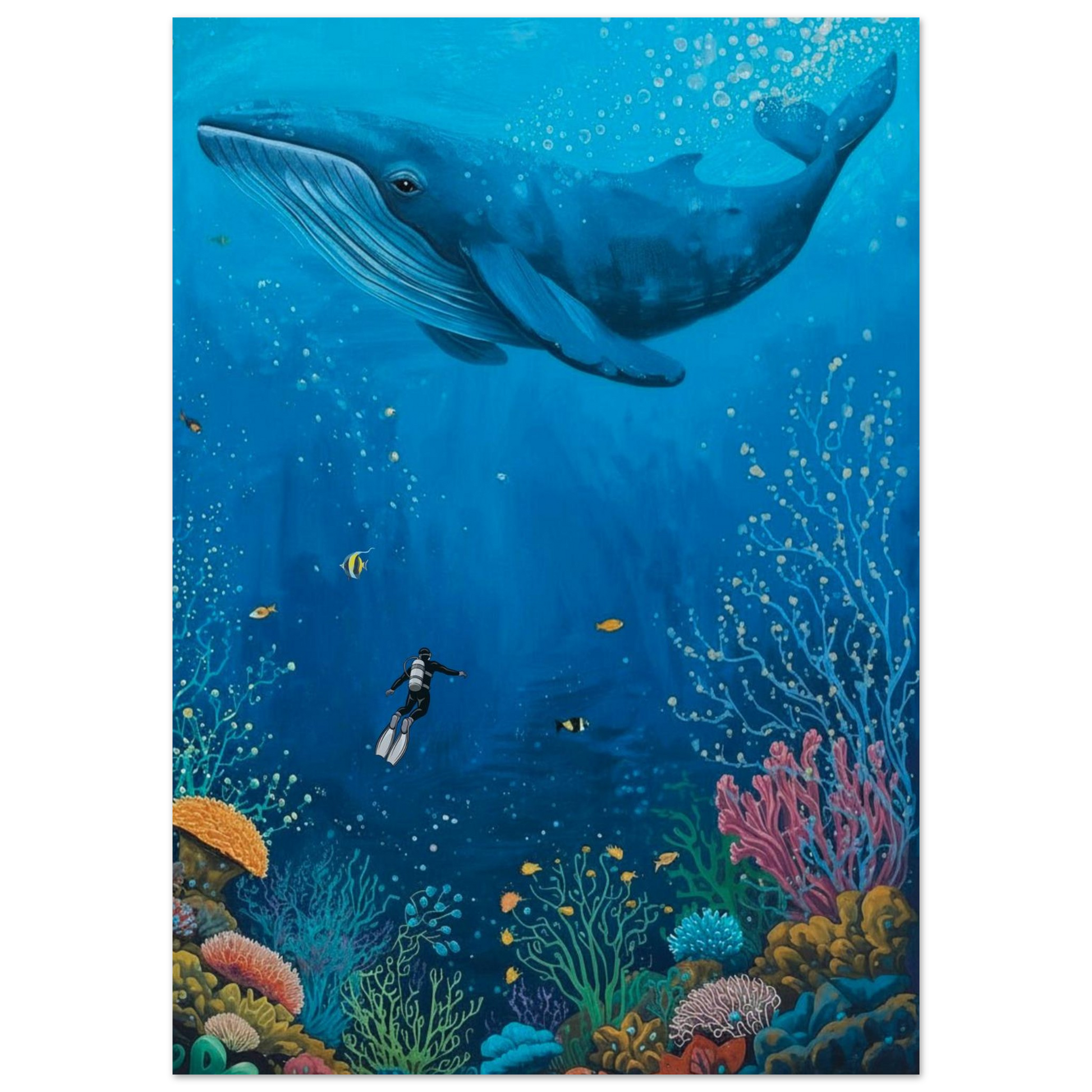 Whale swimming above a diver and colorful coral reef underwater scene