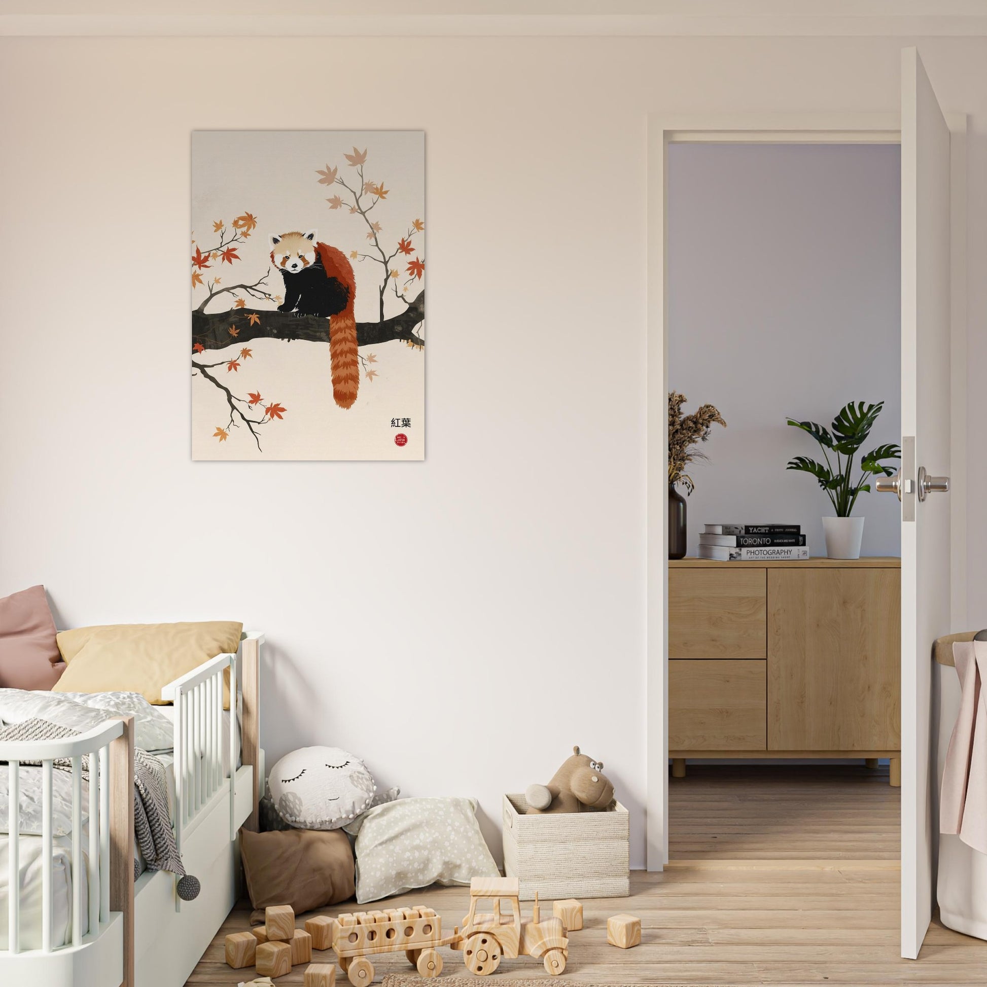 Children's room with a crib, toys, and a Japandi red panda poster