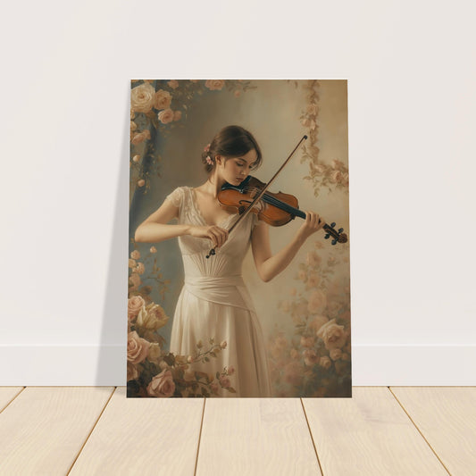 Art print of a woman playing the violin against a floral background