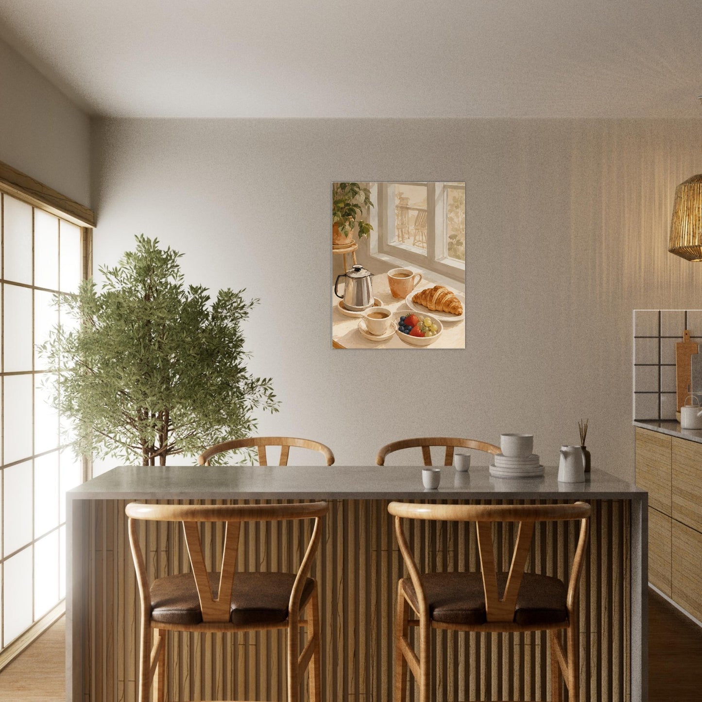 Dining area with a table and chairs, and a wall art depicting a kitchen scene.