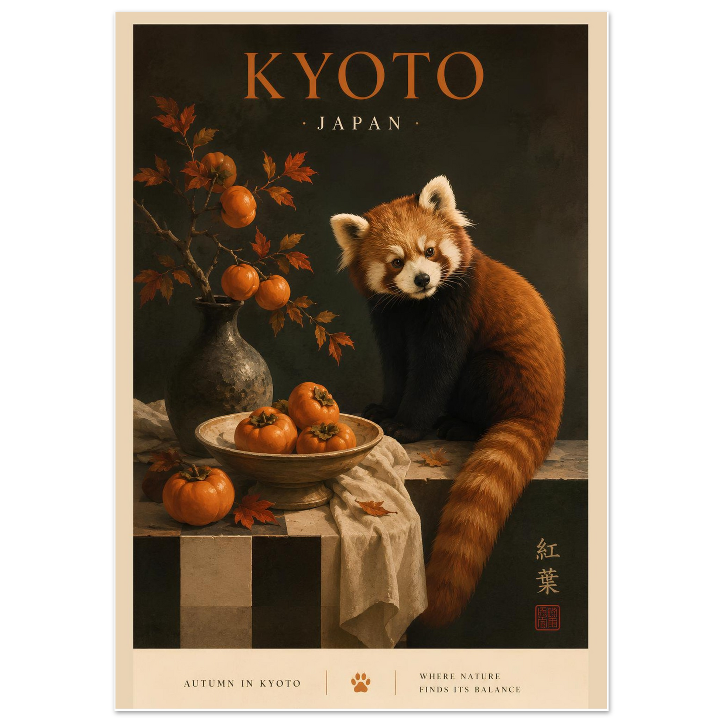 Poster of a red panda with autumn elements and 'Kyoto, Japan' text.