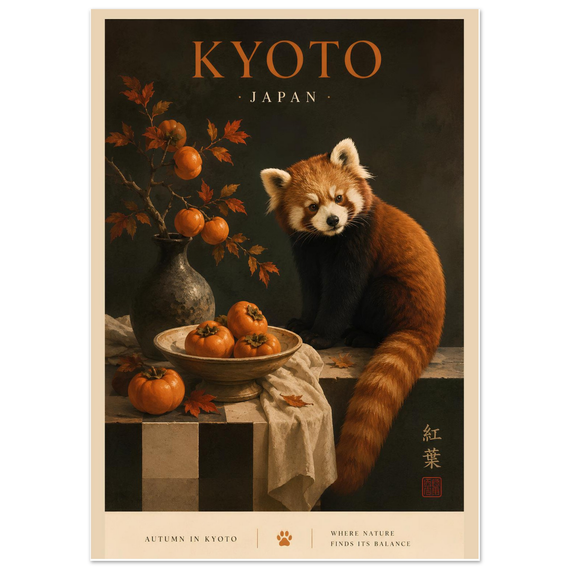 Poster of a red panda with autumn elements and 'Kyoto, Japan' text.
