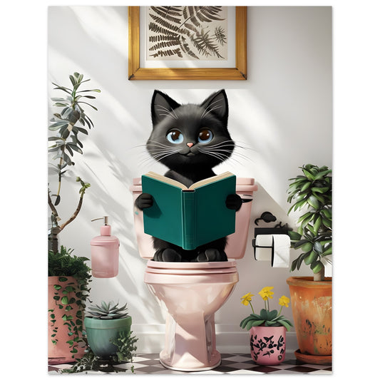 Cute black cat sitting on a pink toilet â€“ humorous poster for cat lovers