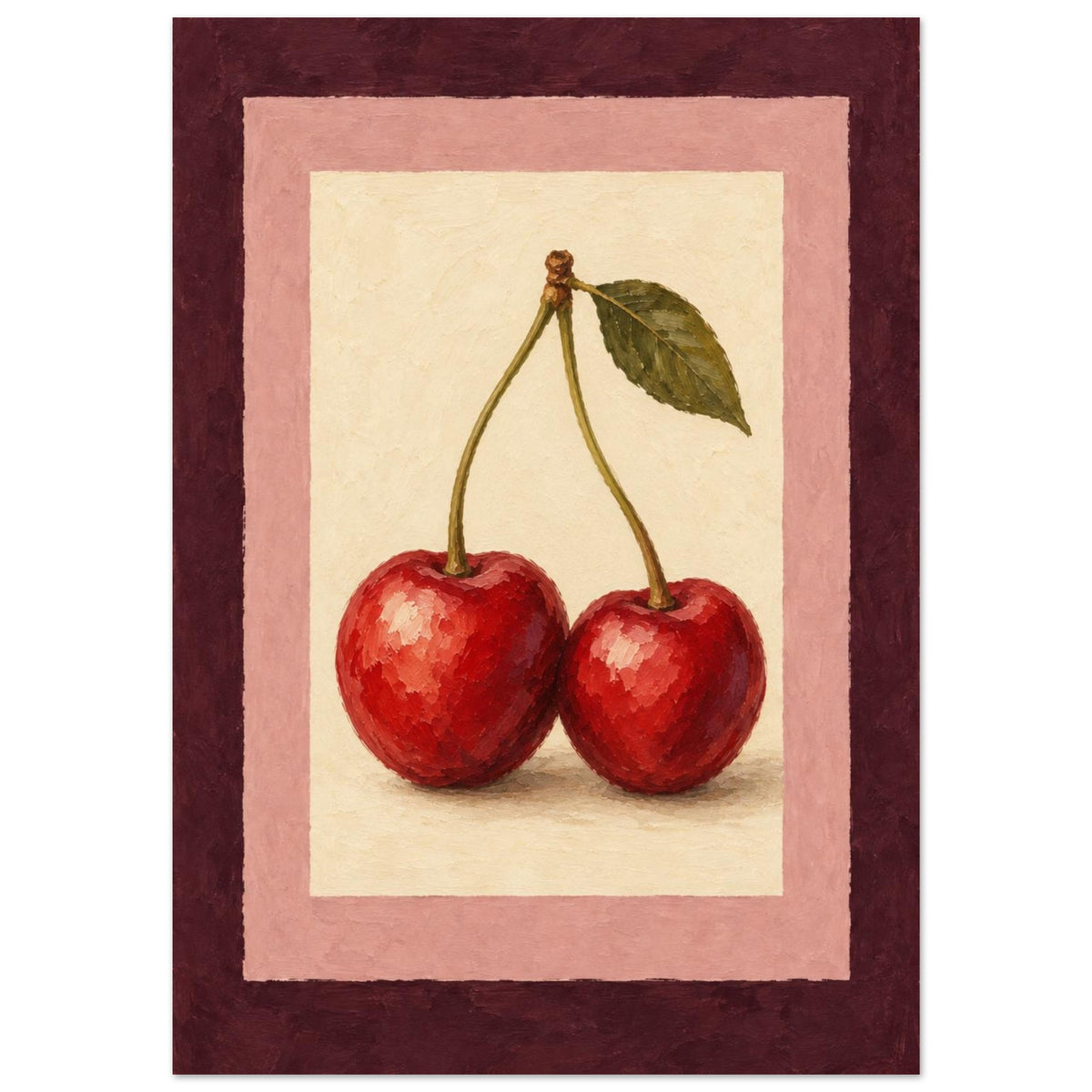 A framed-style art print featuring two red cherries with green stems and leaves on a cream background, surrounded by a pink inner border and a dark burgundy outer border.