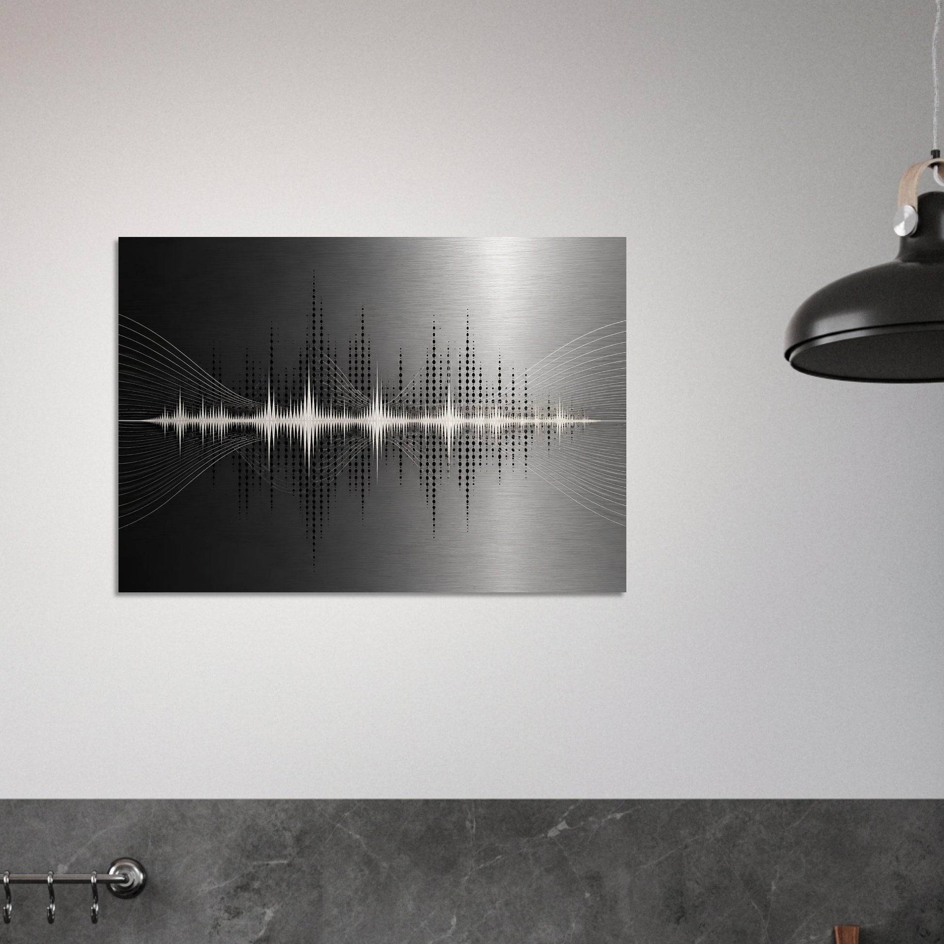 Resonance soundwave metal wall art displayed on a dark grey wall in a minimalist modern interior.