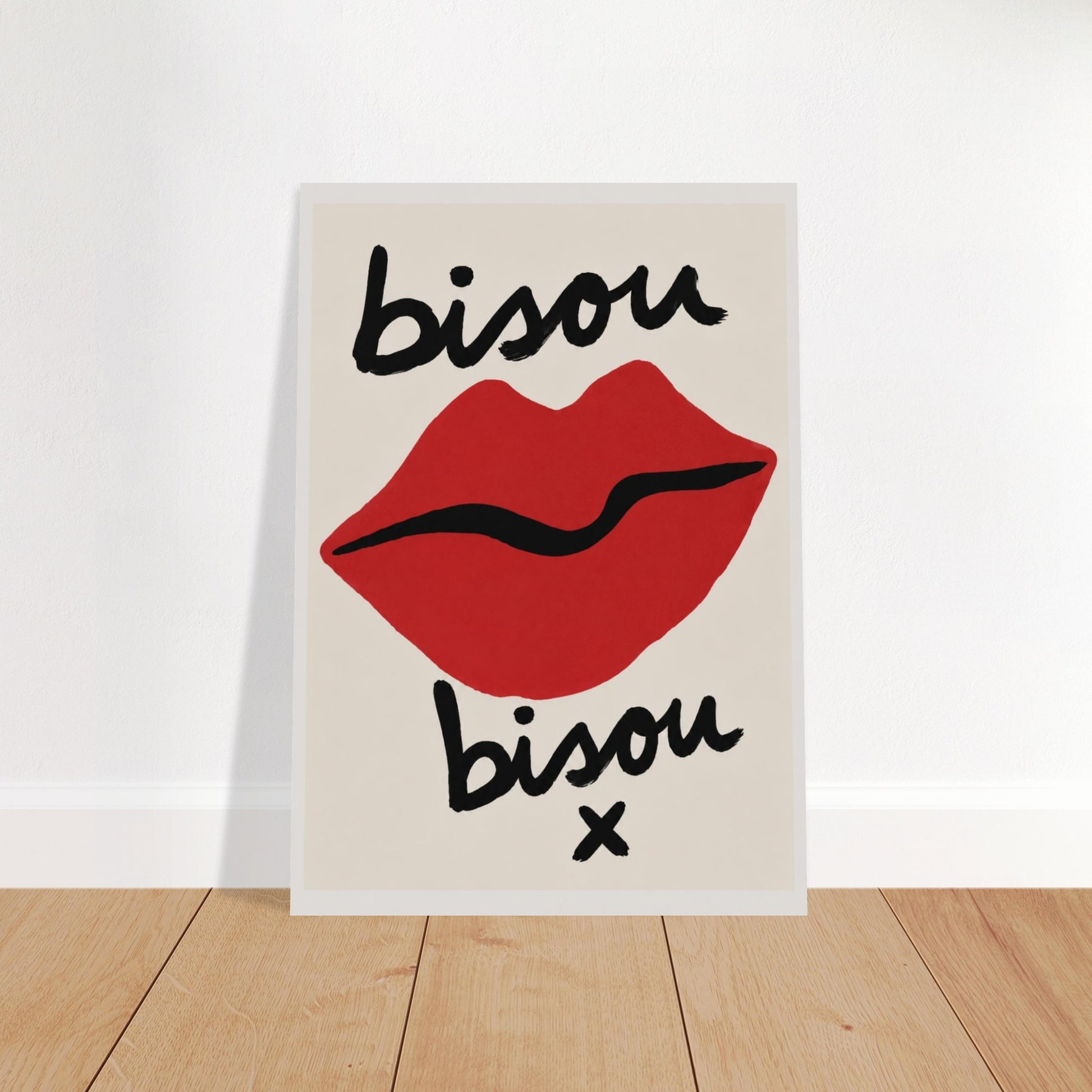 Poster with red lips and 'bisou' text on a beige background