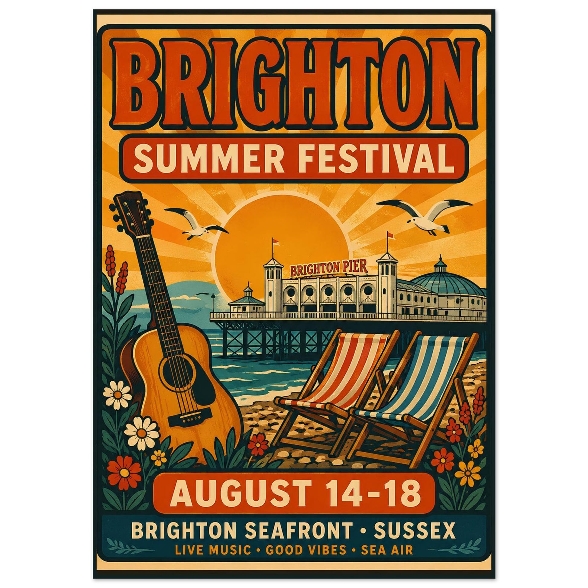 Poster for Brighton Summer Festival with guitar, deck chairs, and Brighton Pier.
