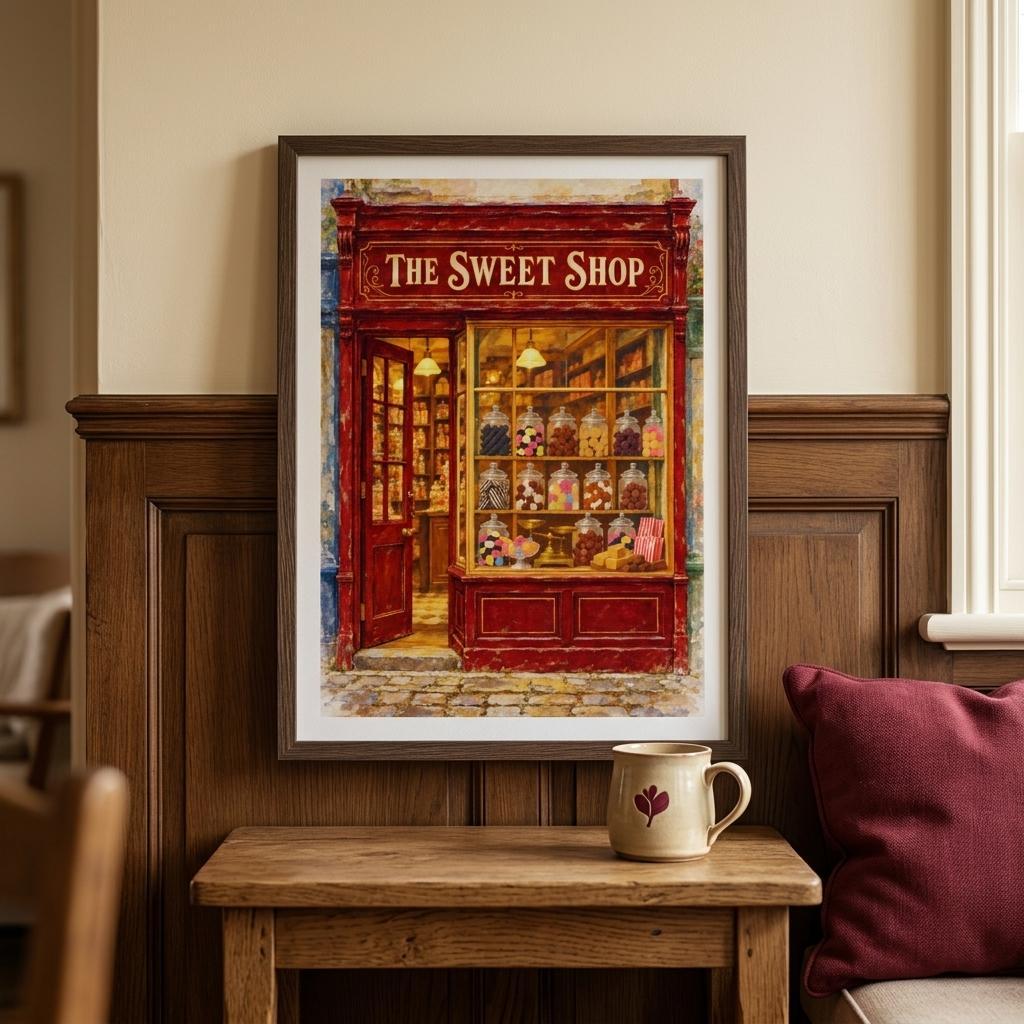 A framed art print depicting 'The Sweet Shop' with a red storefront and warm glowing windows, displayed on a wooden wall above a table with a mug and a cushion.