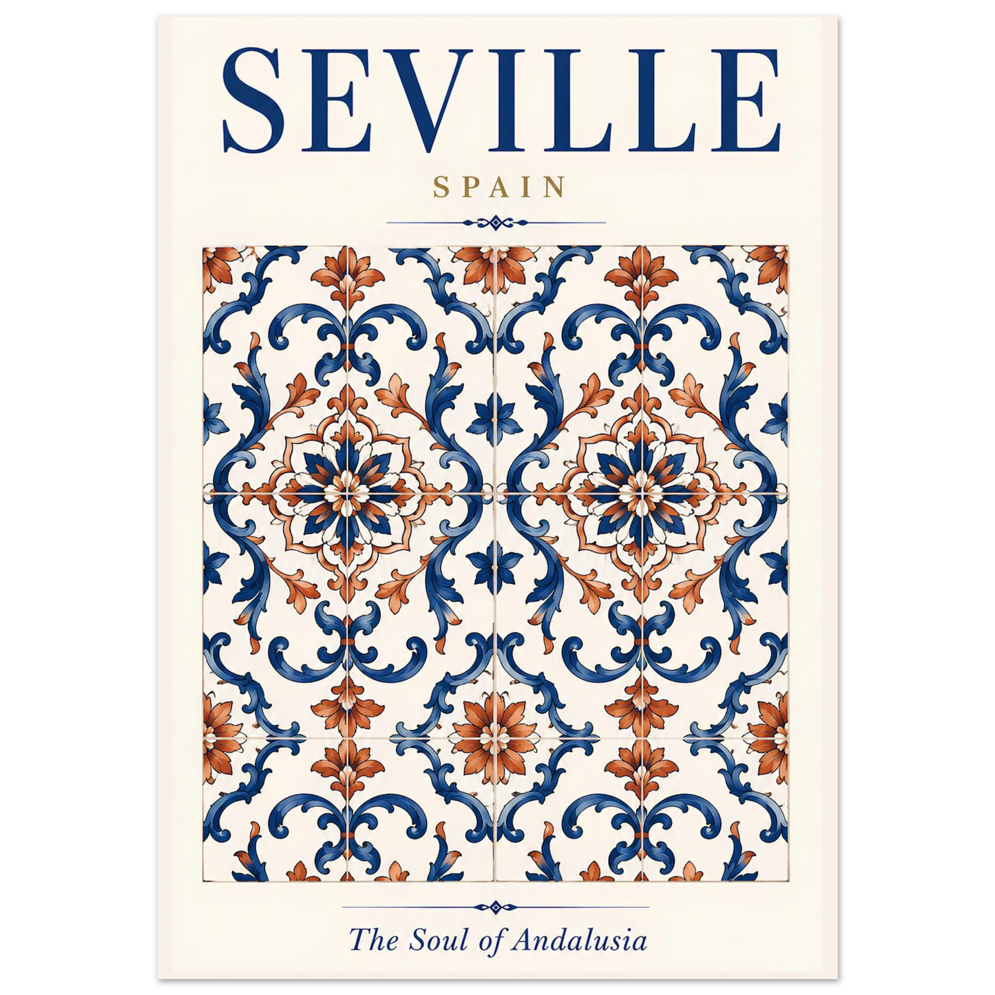 Seville Spain wall art featuring an intricate blue and terracotta Andalusian-inspired ceramic tile pattern.