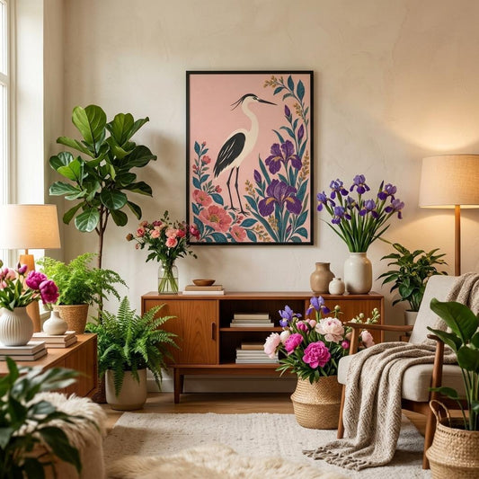 A framed art print featuring a pink heron floral design hangs on a beige wall in a beautifully styled living room with potted plants, a wooden console table, and warm ambient lighting.