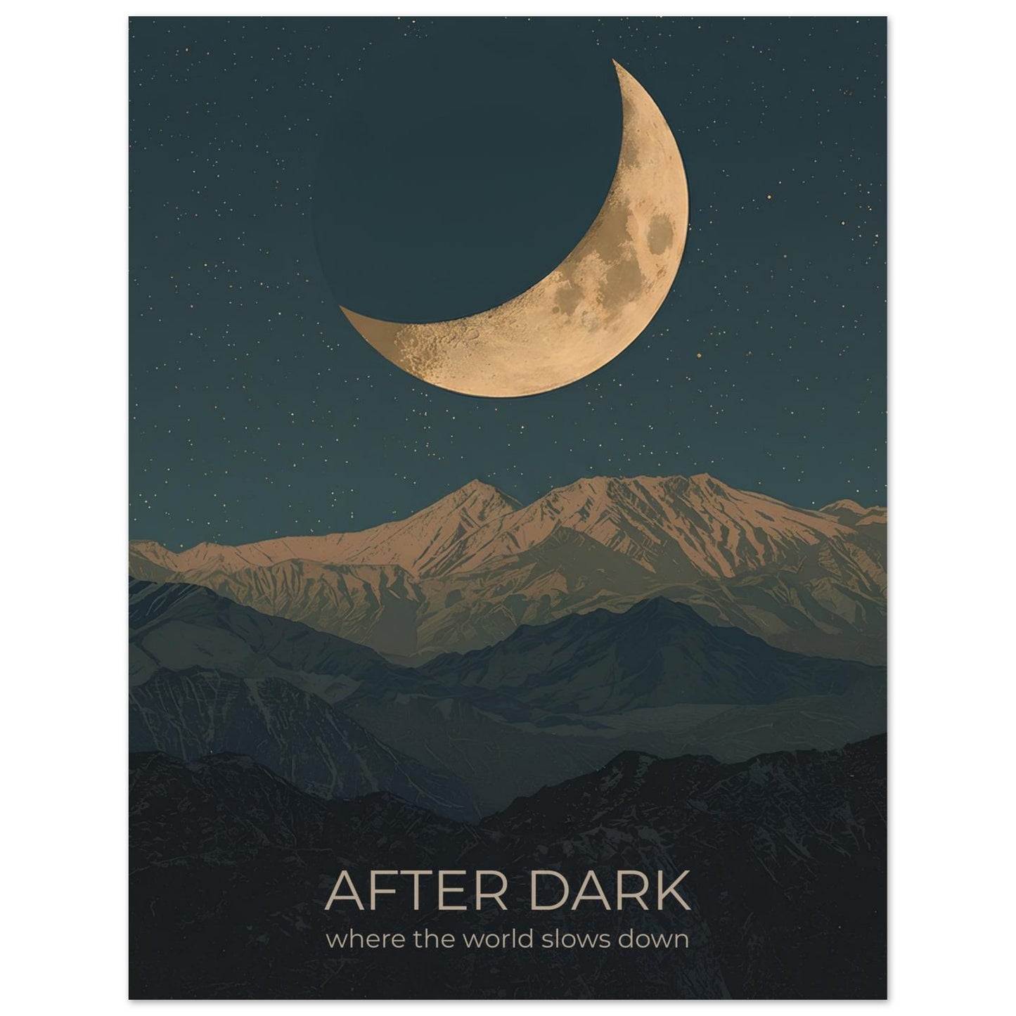 Close-up of After Dark moon wall art featuring a glowing crescent moon above layered mountains in deep navy and teal tones.